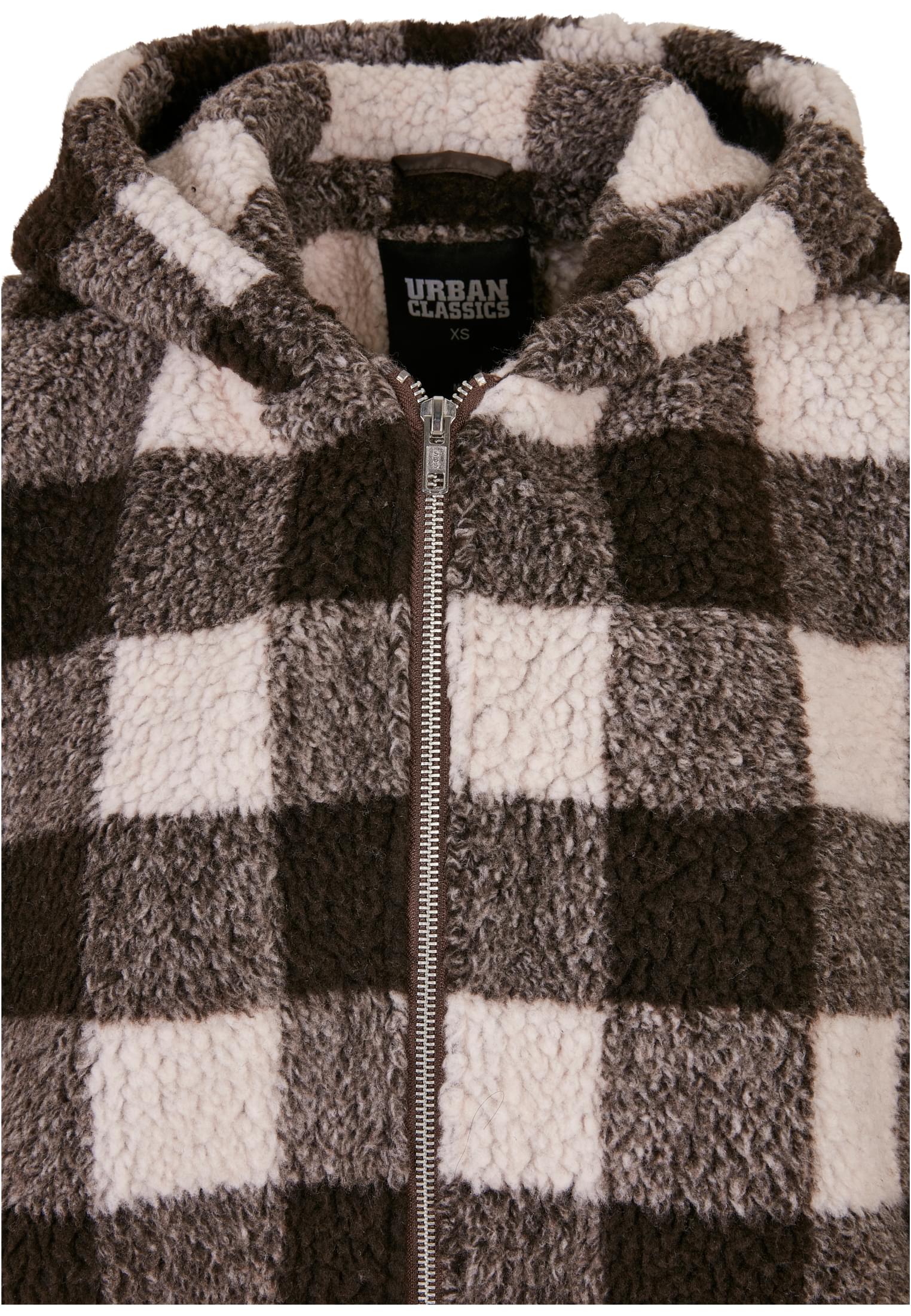 Ladies Hooded Oversized Check Sherpa Jacket | pink/brown