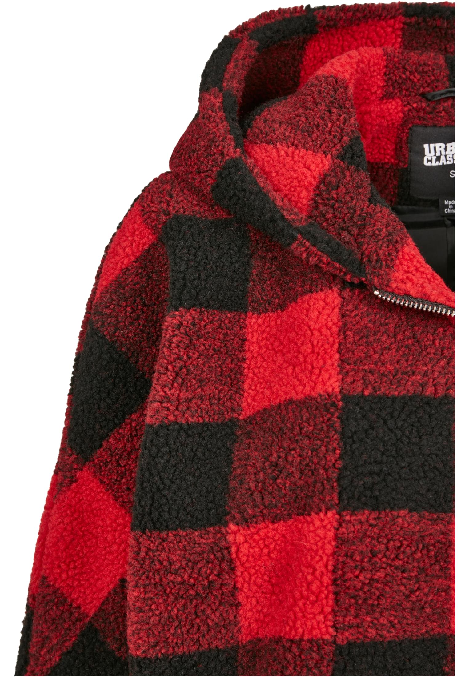 Ladies Hooded Oversized Check Sherpa Jacket | firered/blk