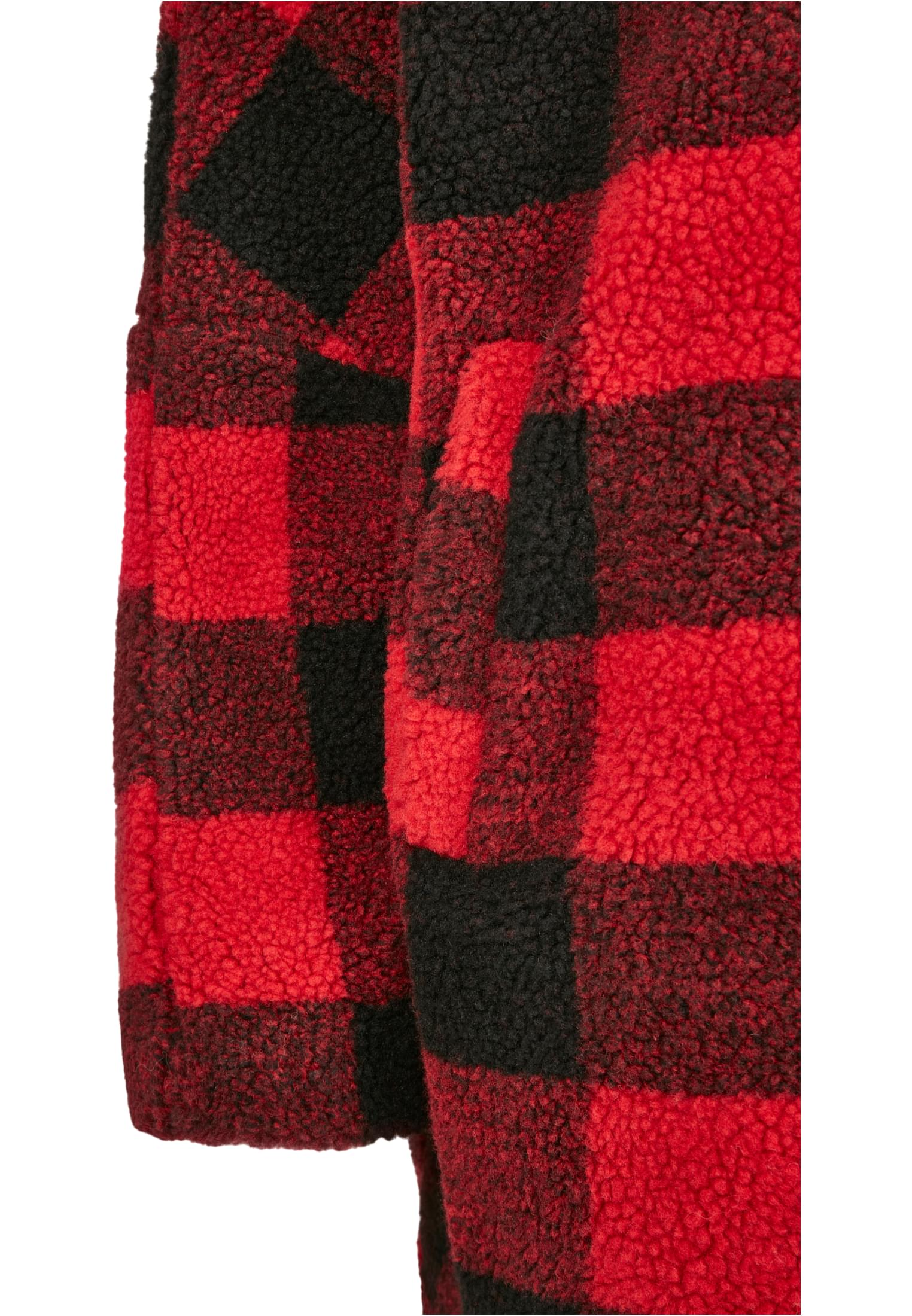 Ladies Hooded Oversized Check Sherpa Jacket | firered/blk