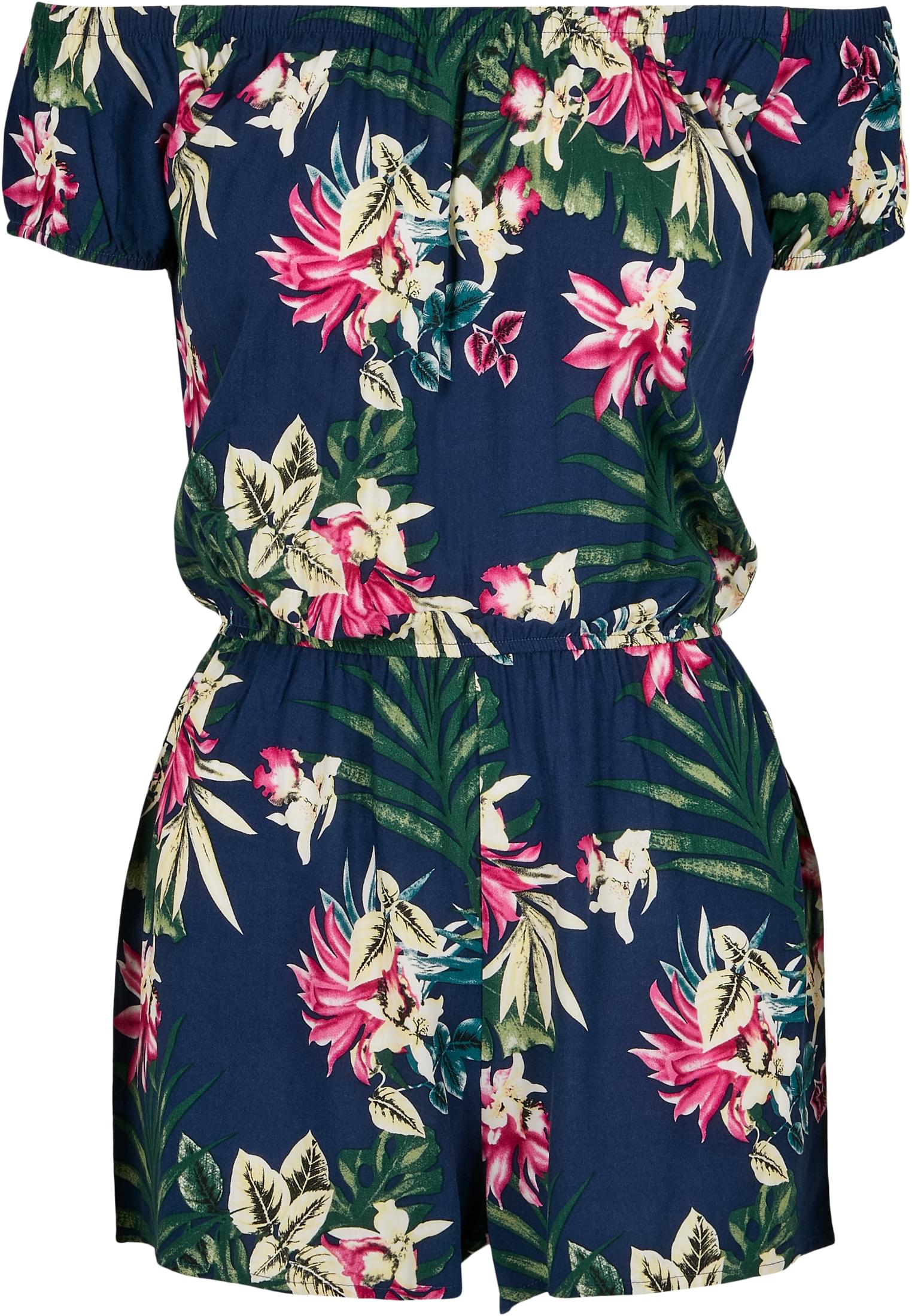 Ladies AOP Off Shoulder Short Jumpsuit | blue flower