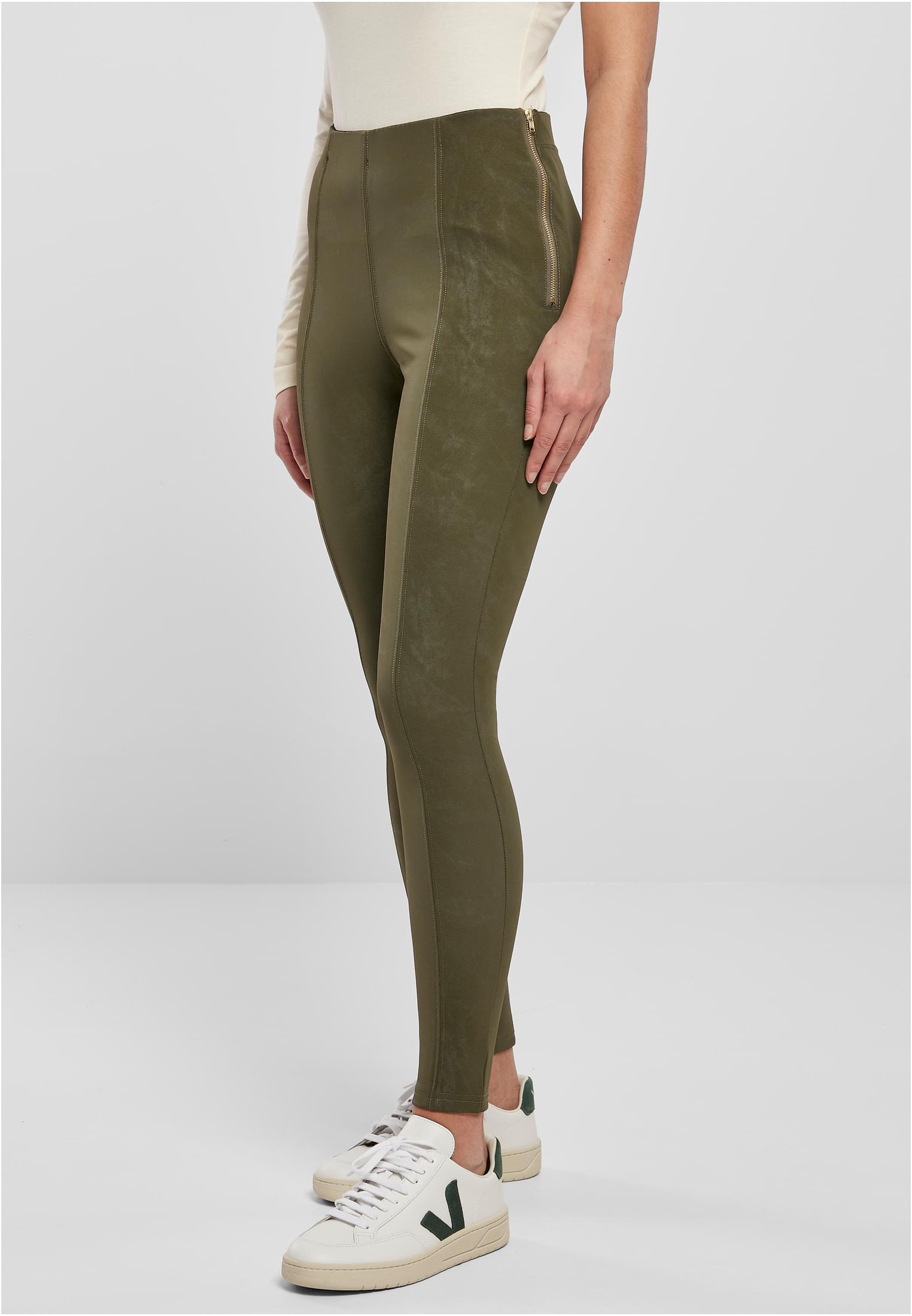 Ladies Washed Faux Leather Pants | olive