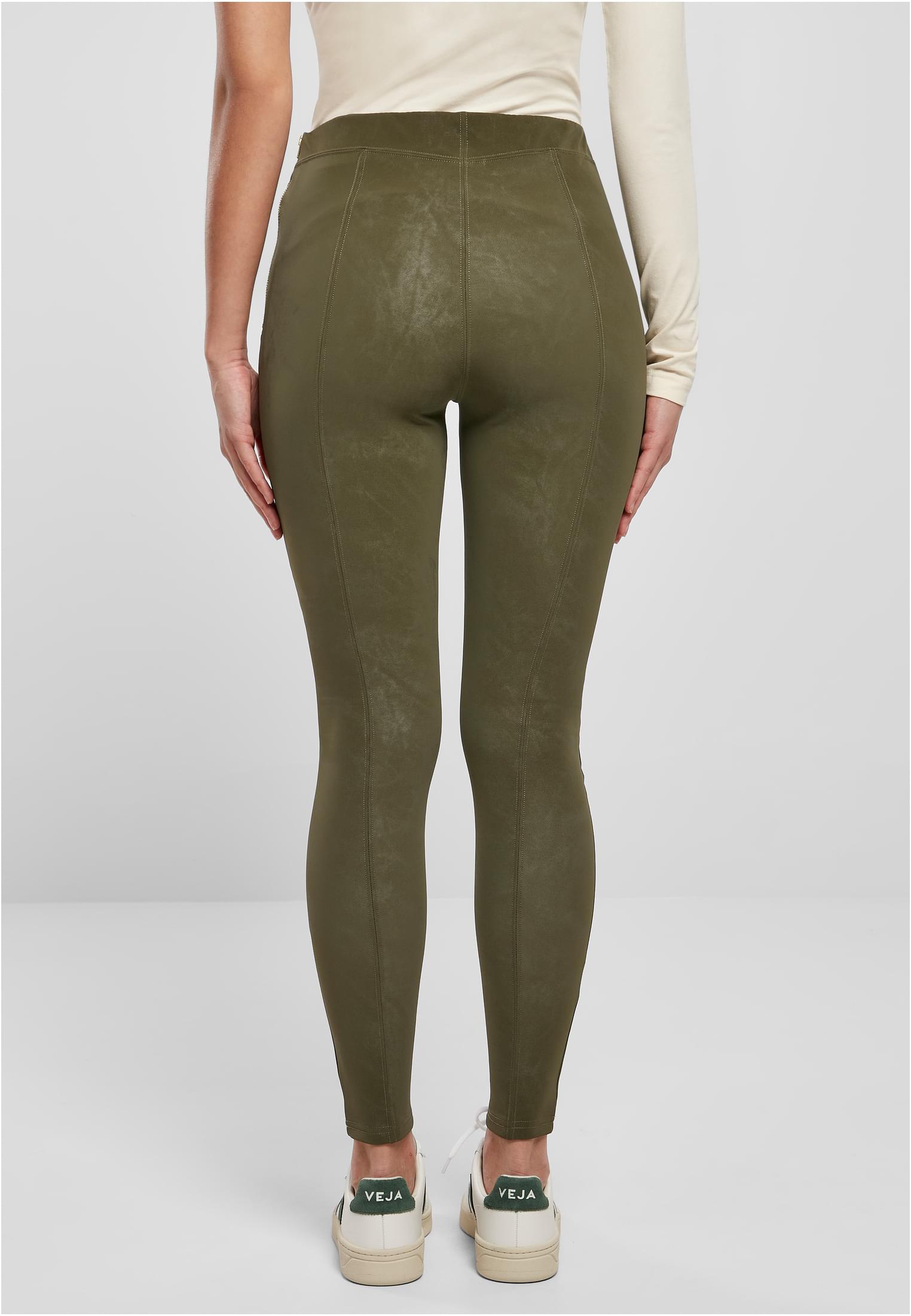 Ladies Washed Faux Leather Pants | olive