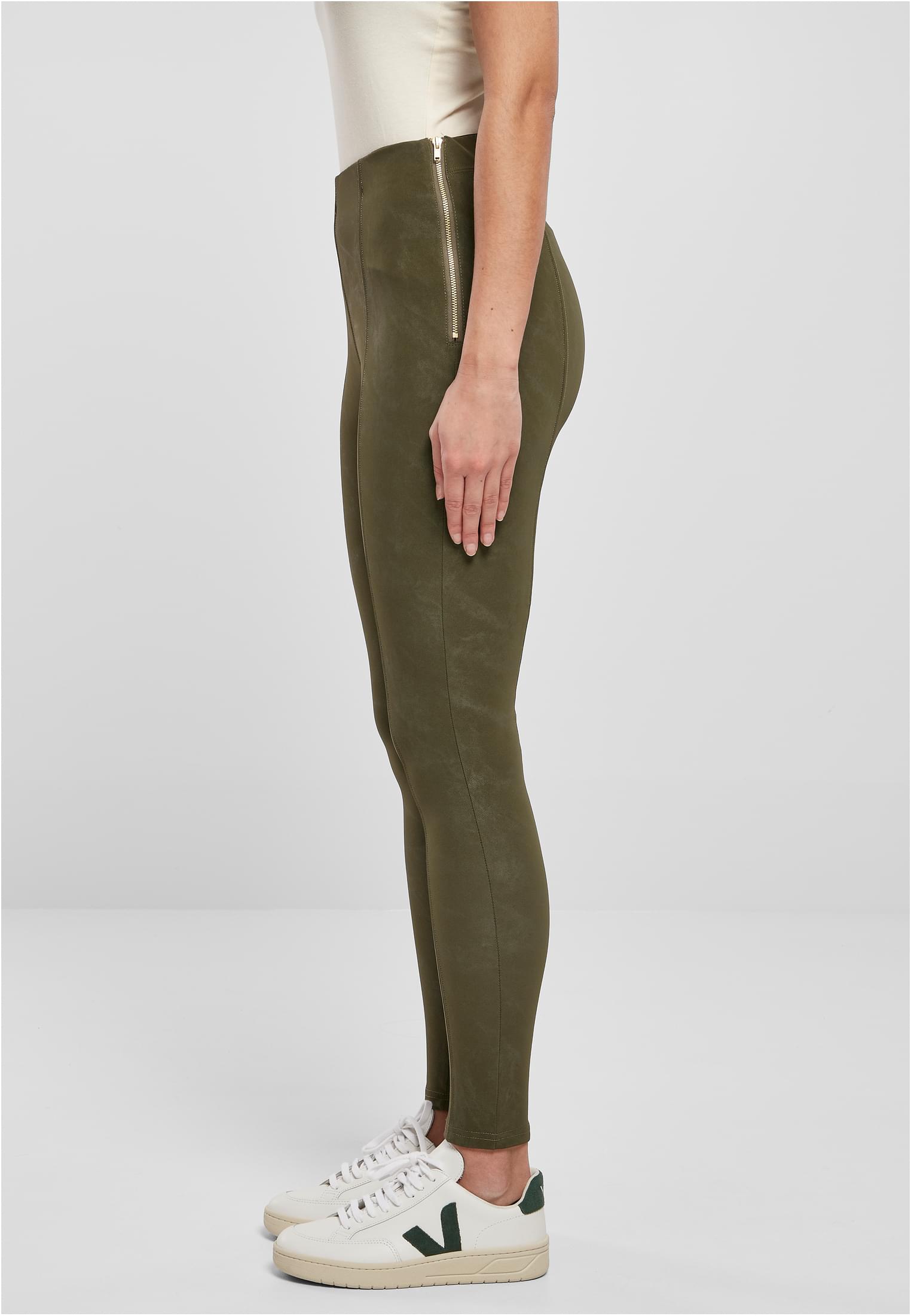 Ladies Washed Faux Leather Pants | olive