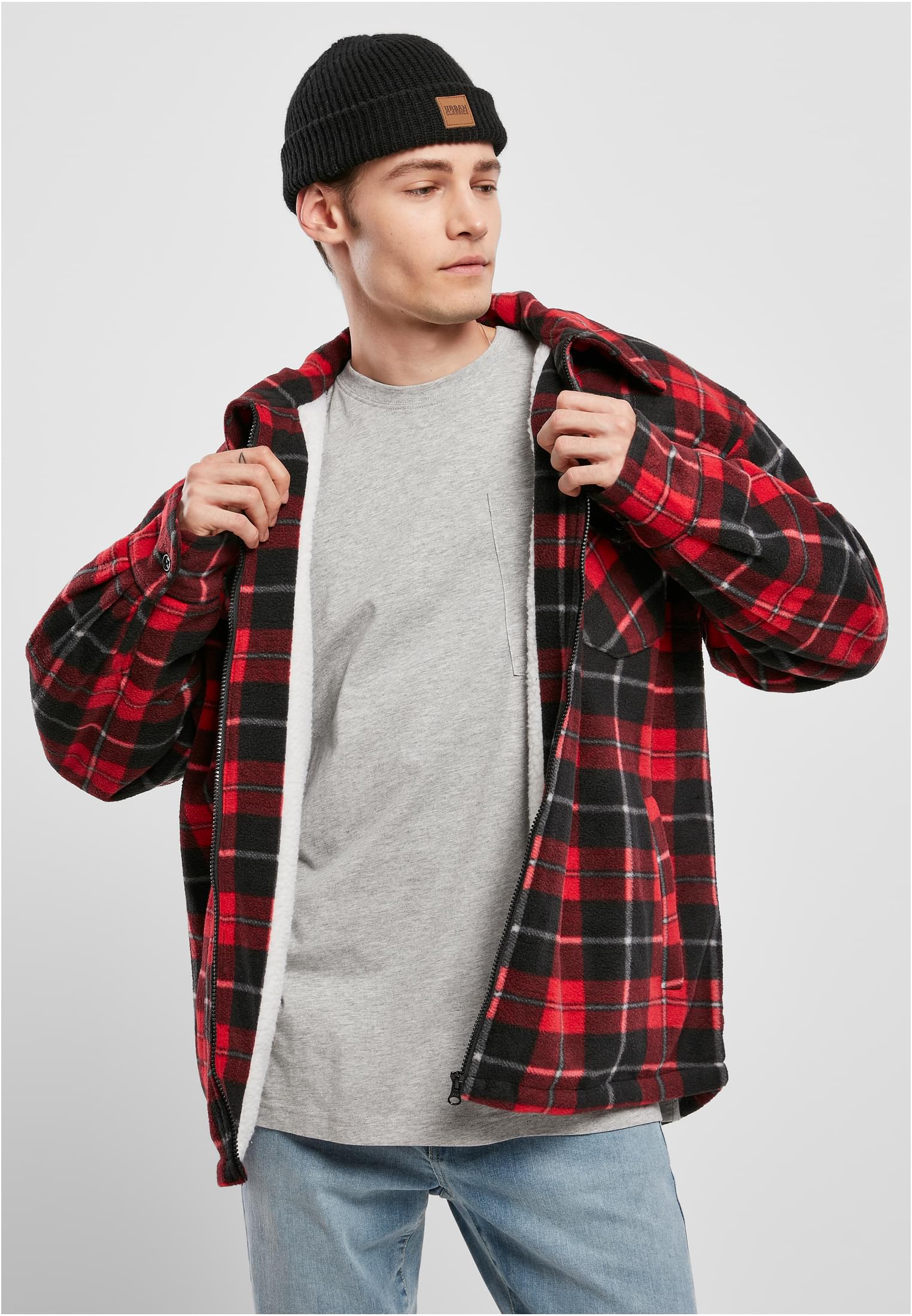 Plaid Teddy Lined Shirt Jacket | red/black