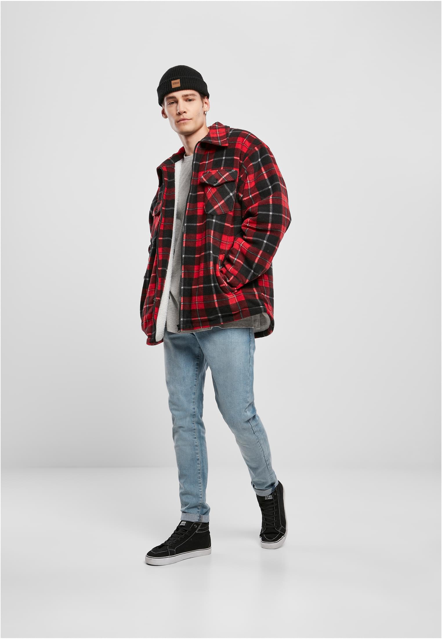 Plaid Teddy Lined Shirt Jacket | red/black