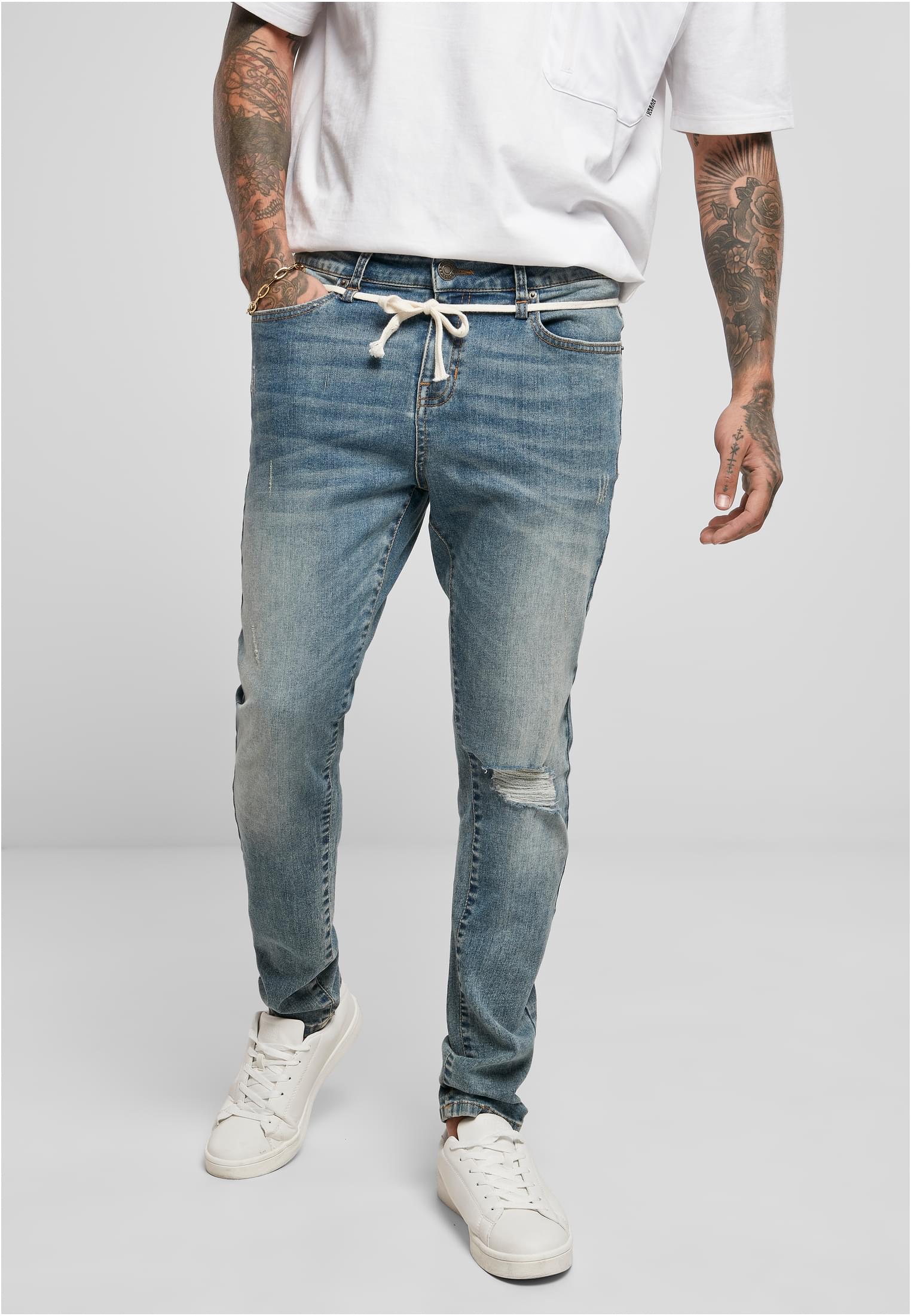 Slim Fit Drawstring Jeans | mid heavy destroyed washed