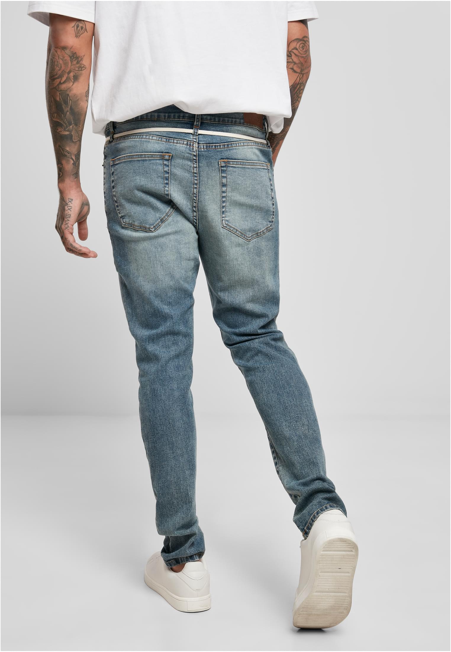 Slim Fit Drawstring Jeans | mid heavy destroyed washed