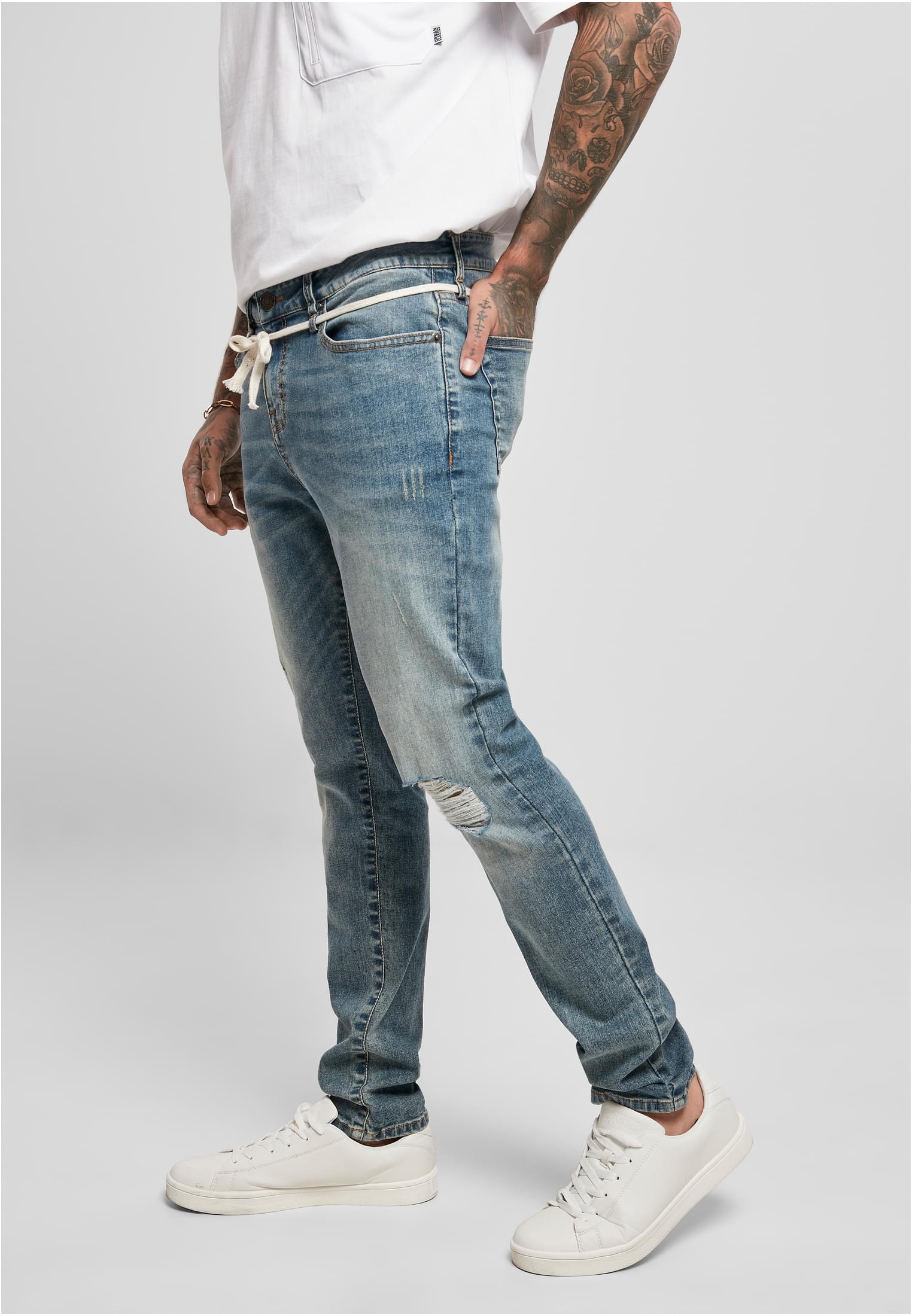 Slim Fit Drawstring Jeans | mid heavy destroyed washed