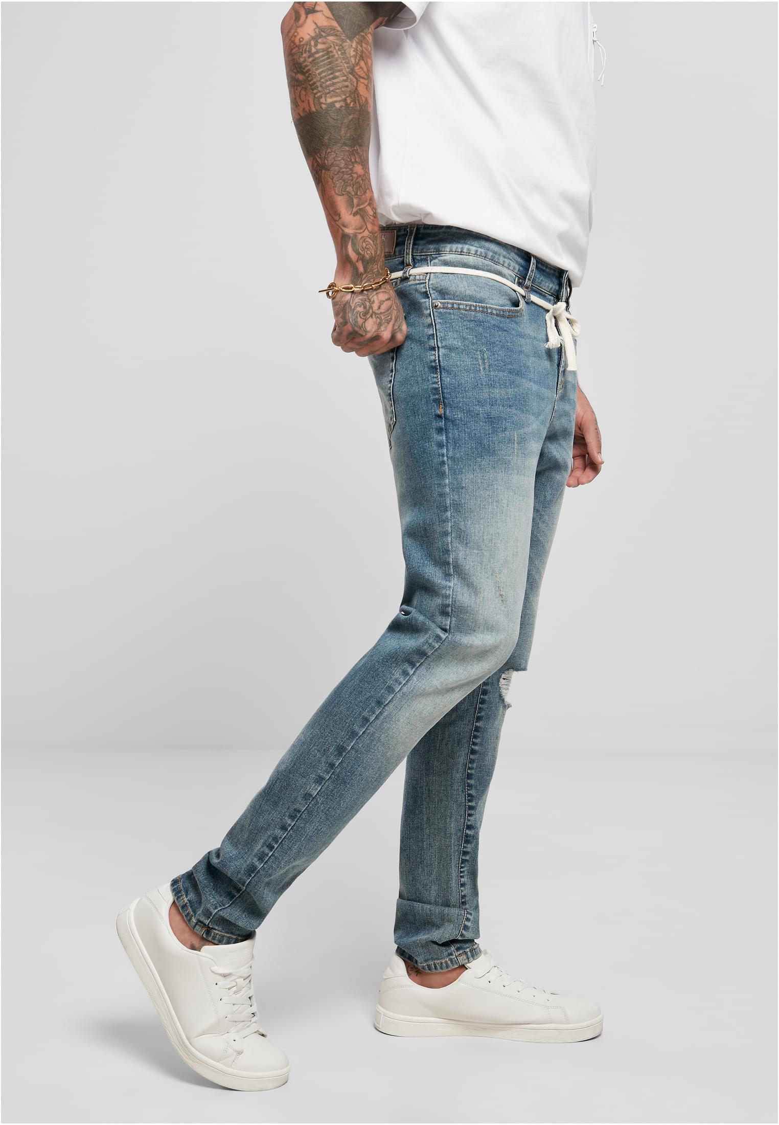 Slim Fit Drawstring Jeans | mid heavy destroyed washed