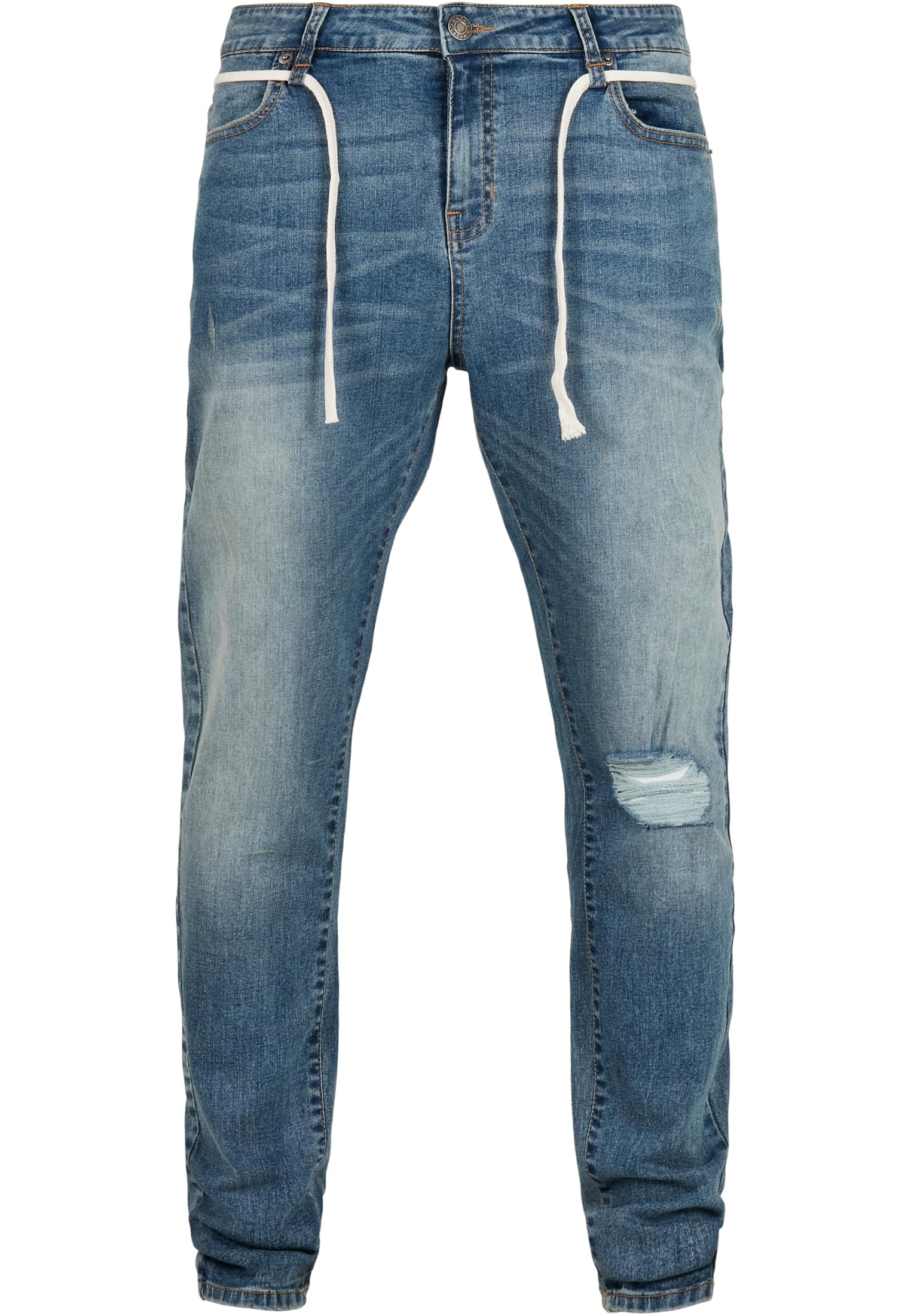 Slim Fit Drawstring Jeans | mid heavy destroyed washed