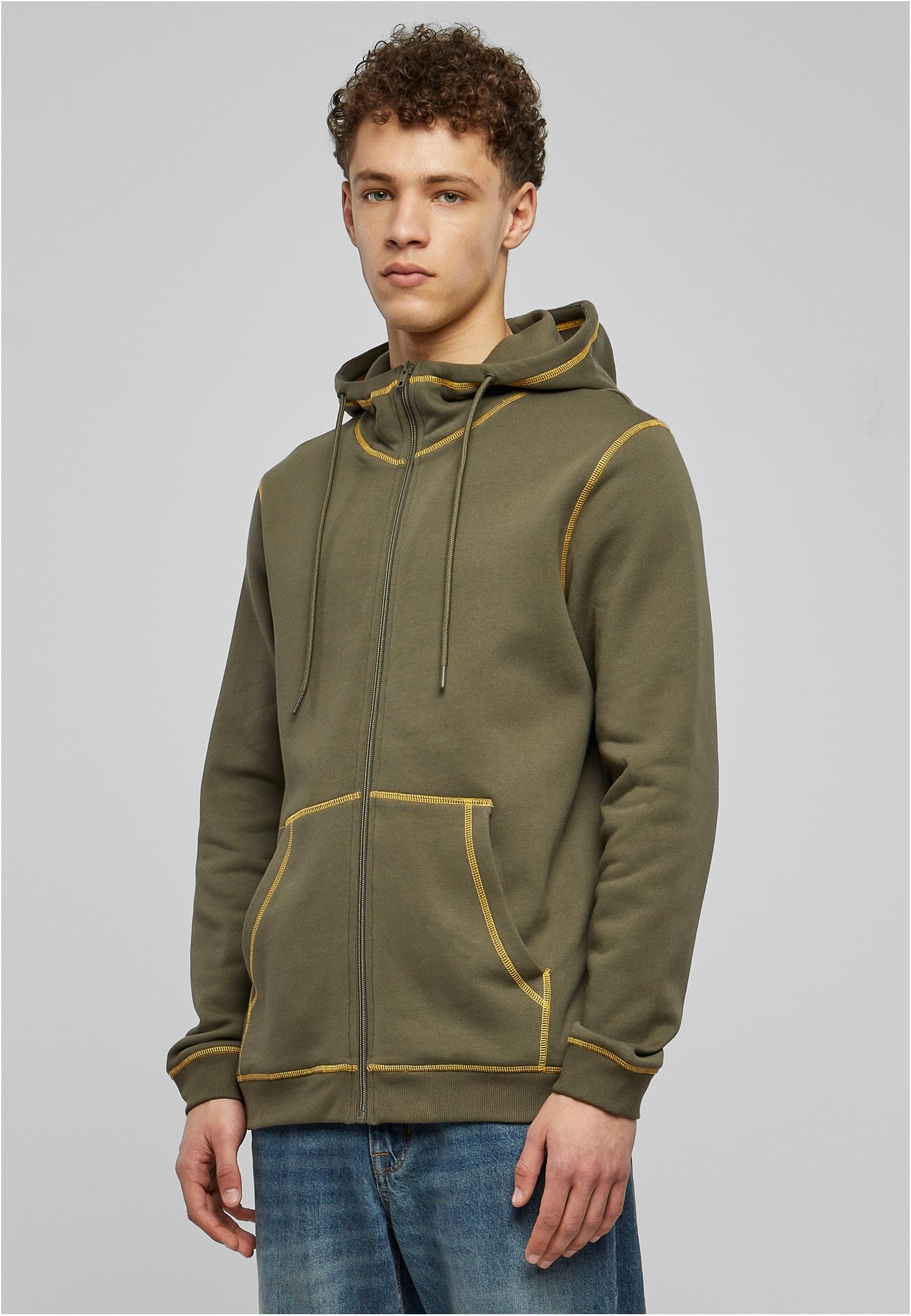 Organic Contrast Flatlock Stitched Zip Hoody | olive/yellow