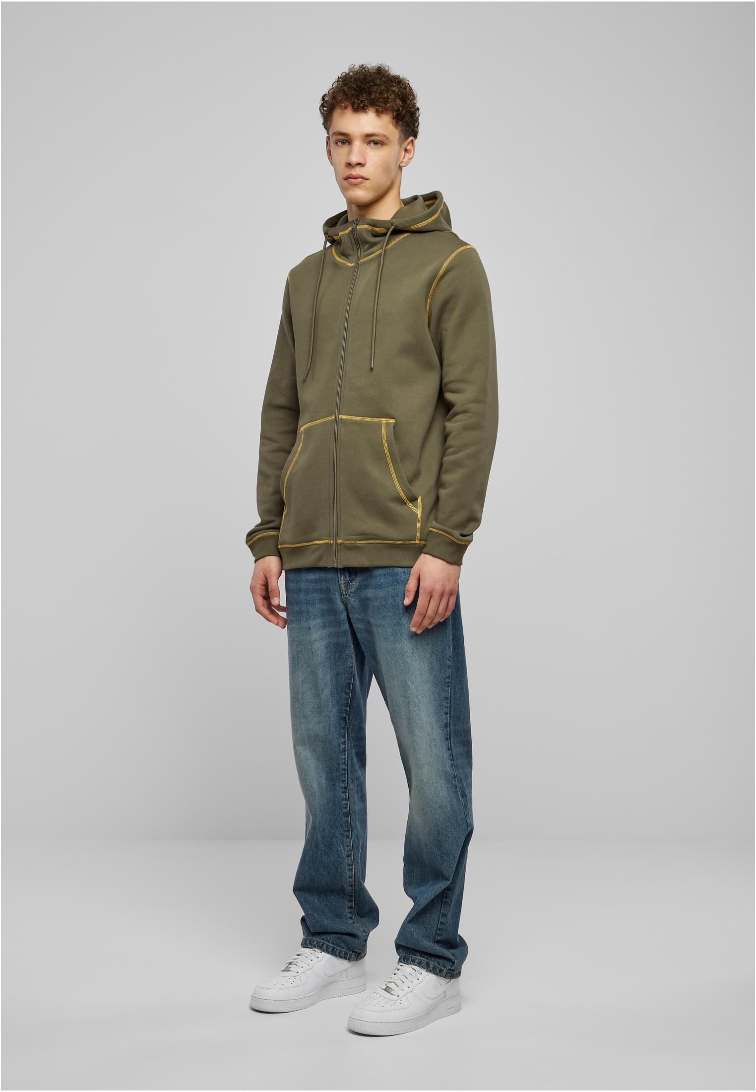 Organic Contrast Flatlock Stitched Zip Hoody | olive/yellow