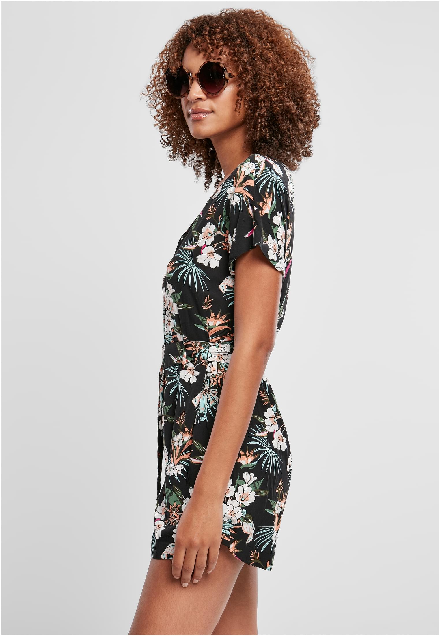 Ladies Short Viscose Belt Jumpsuit | black tropical