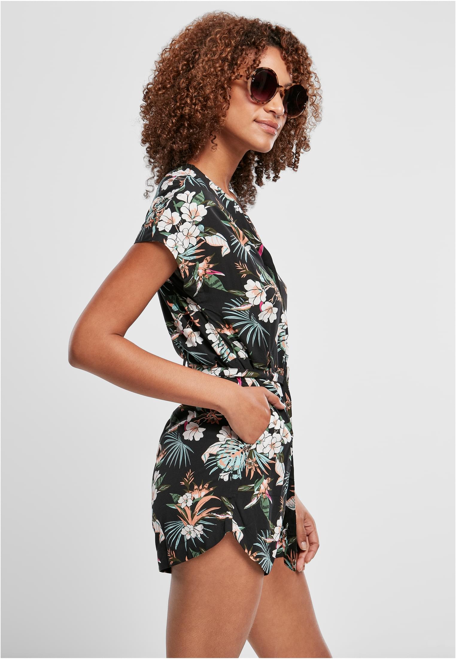 Ladies Short Viscose Belt Jumpsuit | black tropical