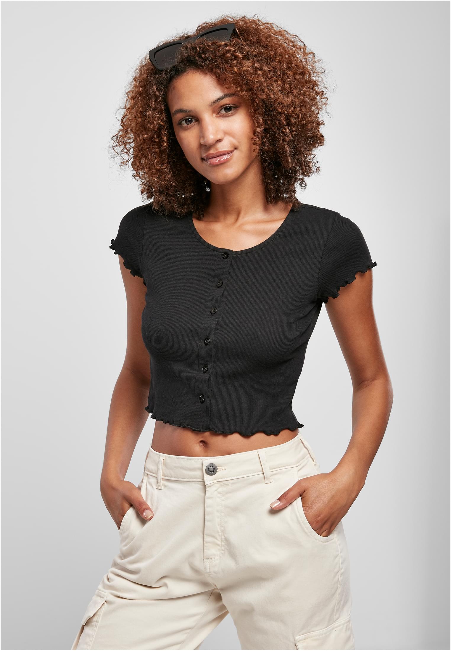 Ladies Cropped Button Up Rib Tee | black