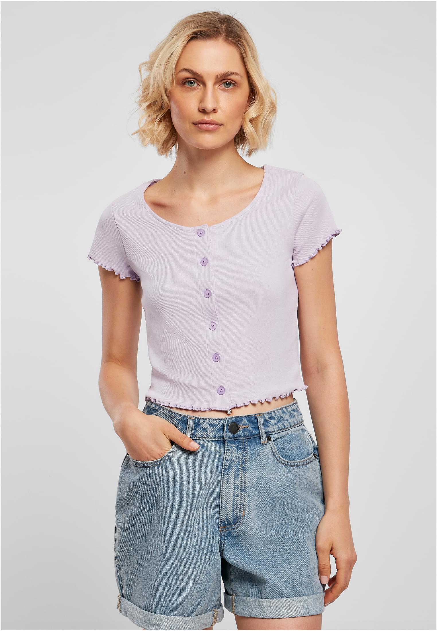 Ladies Cropped Button Up Rib Tee | lilac