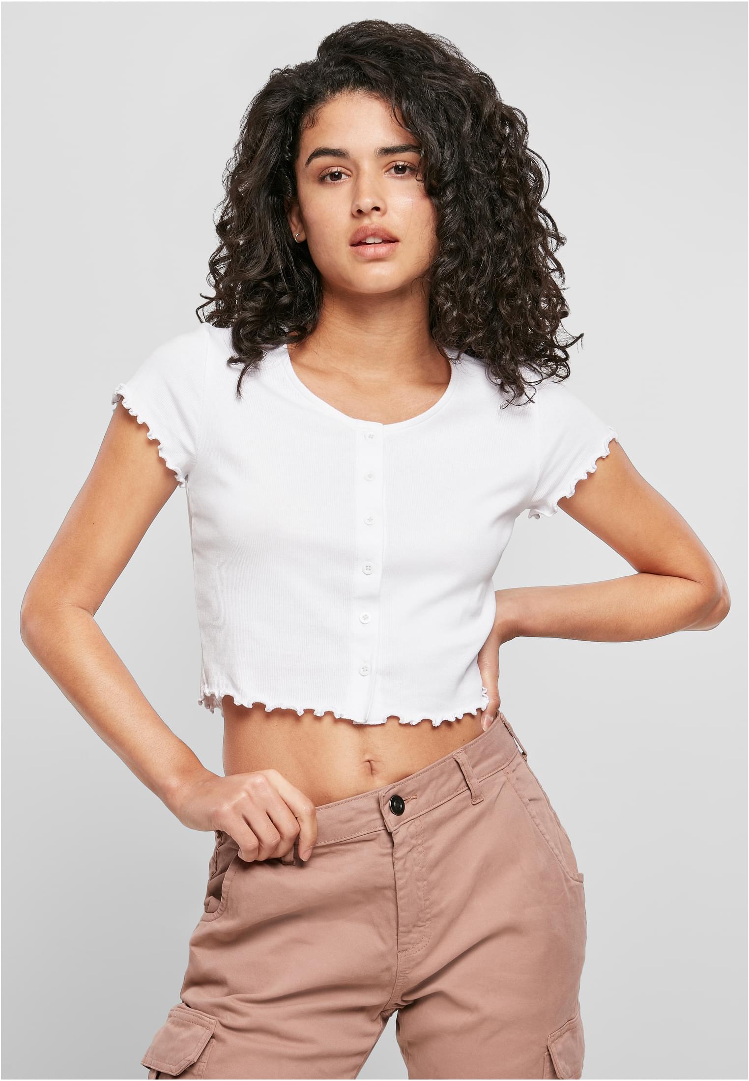 Ladies Cropped Button Up Rib Tee | white