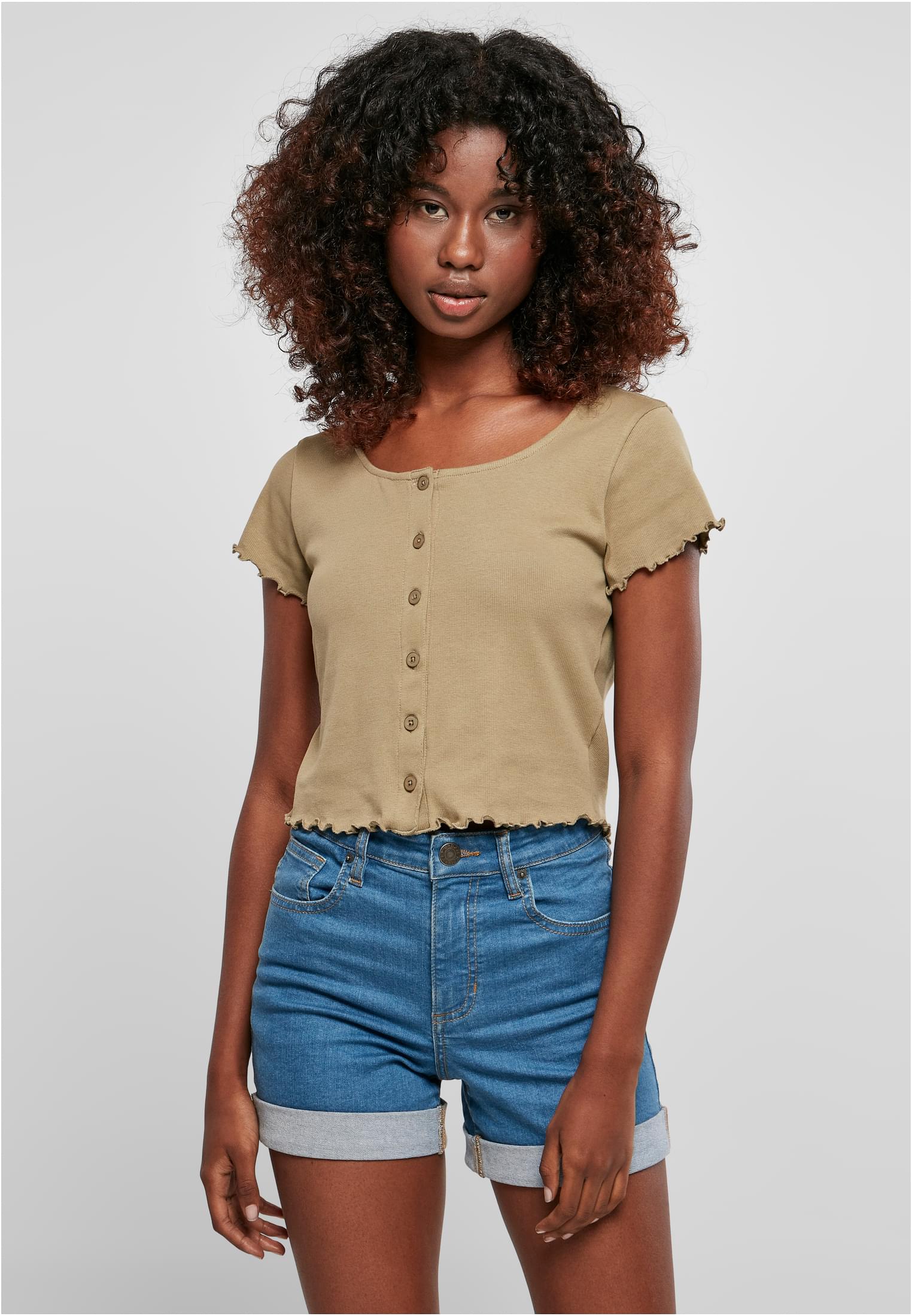 Ladies Cropped Button Up Rib Tee | khaki