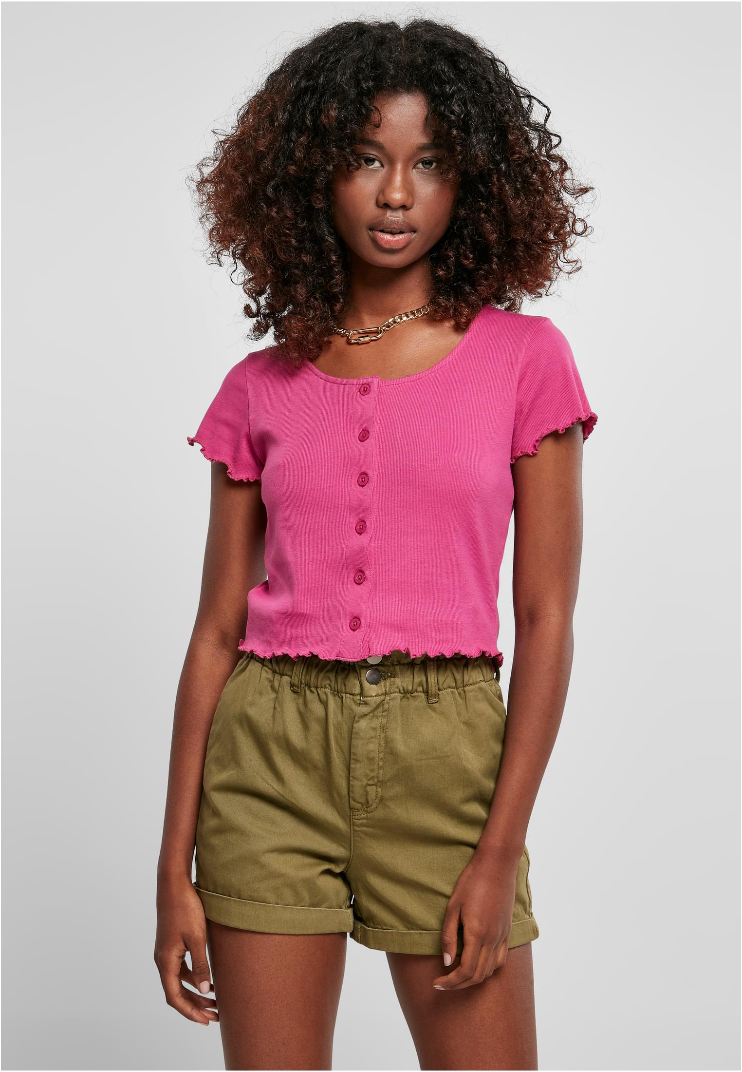 Ladies Cropped Button Up Rib Tee | brightviolet