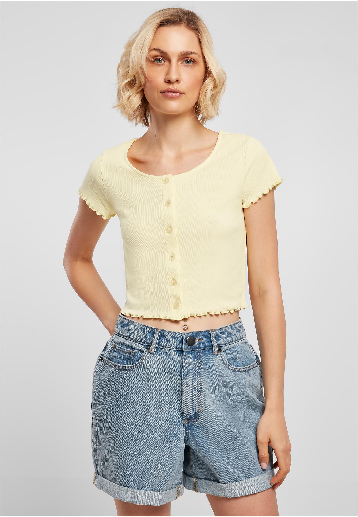 Ladies Cropped Button Up Rib Tee | softyellow