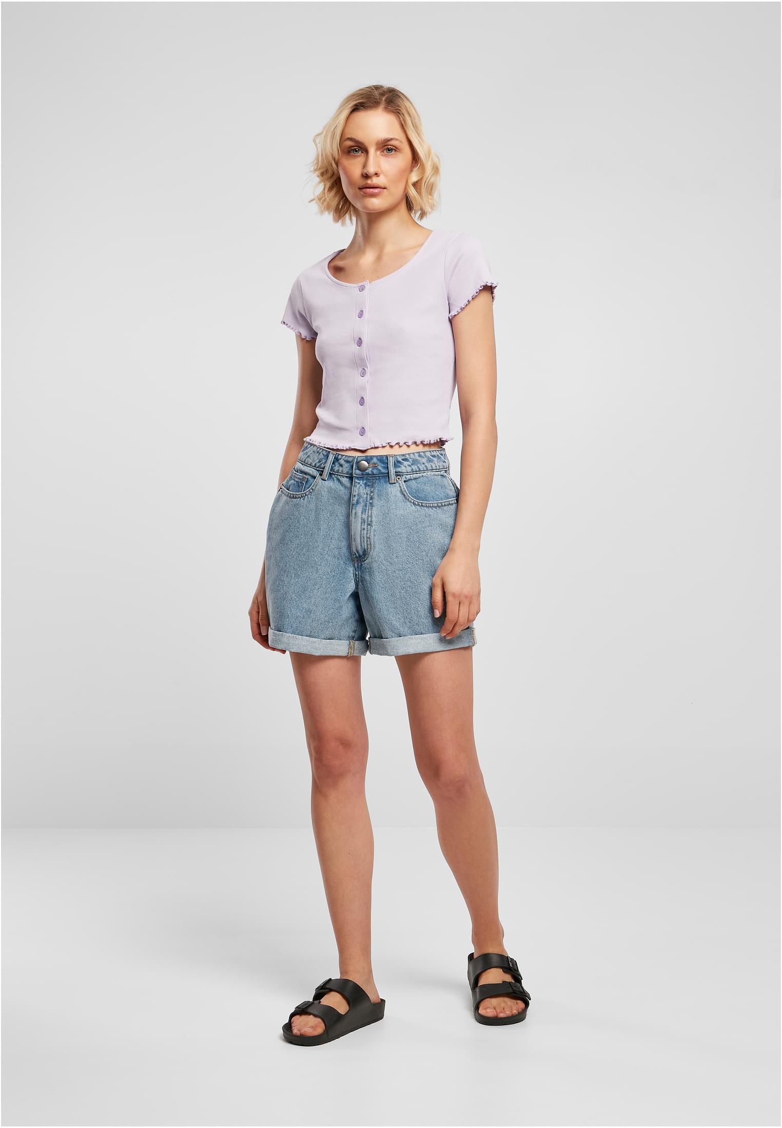 Ladies Cropped Button Up Rib Tee | lilac