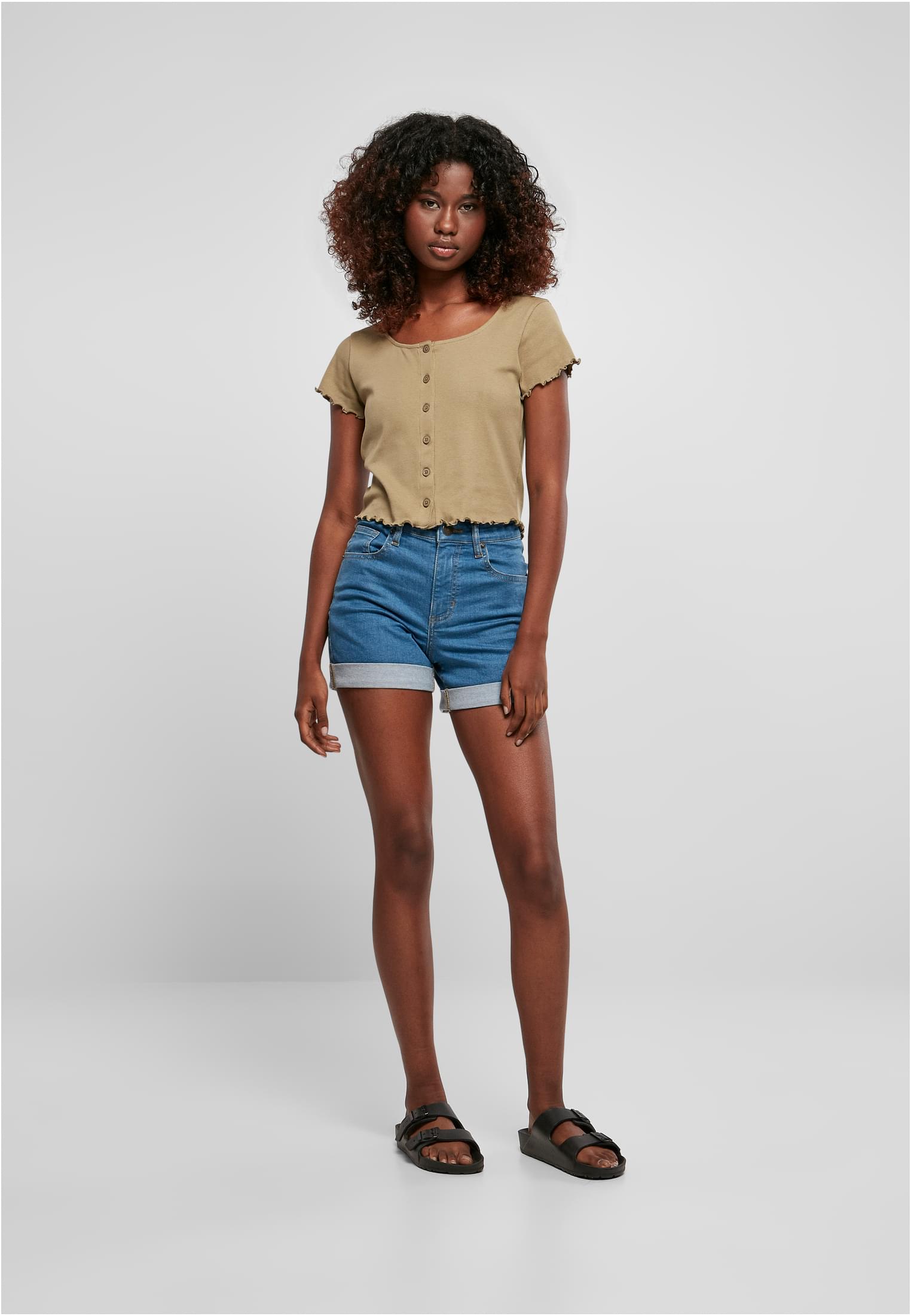 Ladies Cropped Button Up Rib Tee | khaki