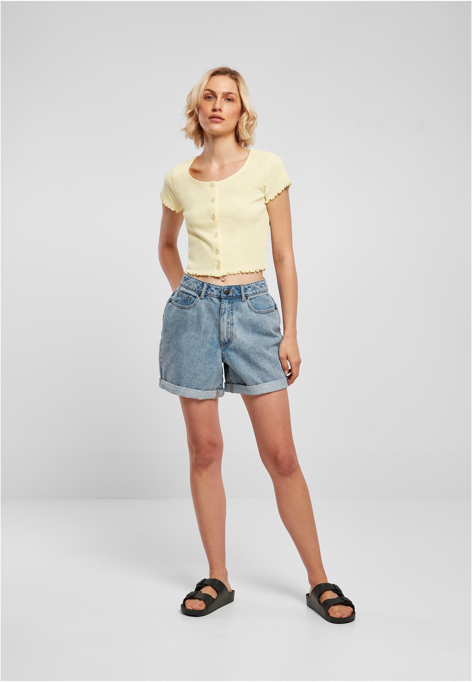 Ladies Cropped Button Up Rib Tee | softyellow