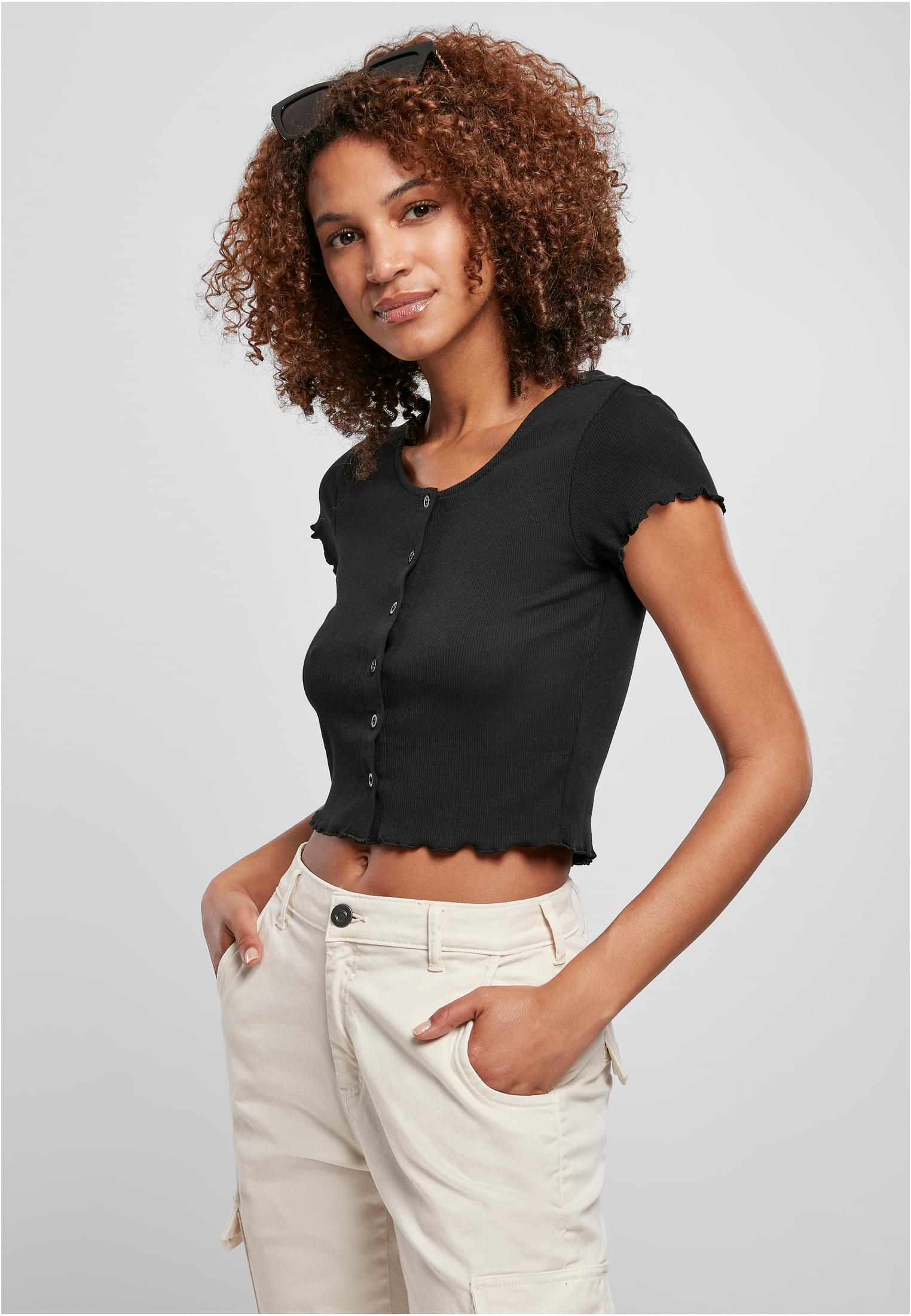 Ladies Cropped Button Up Rib Tee | black