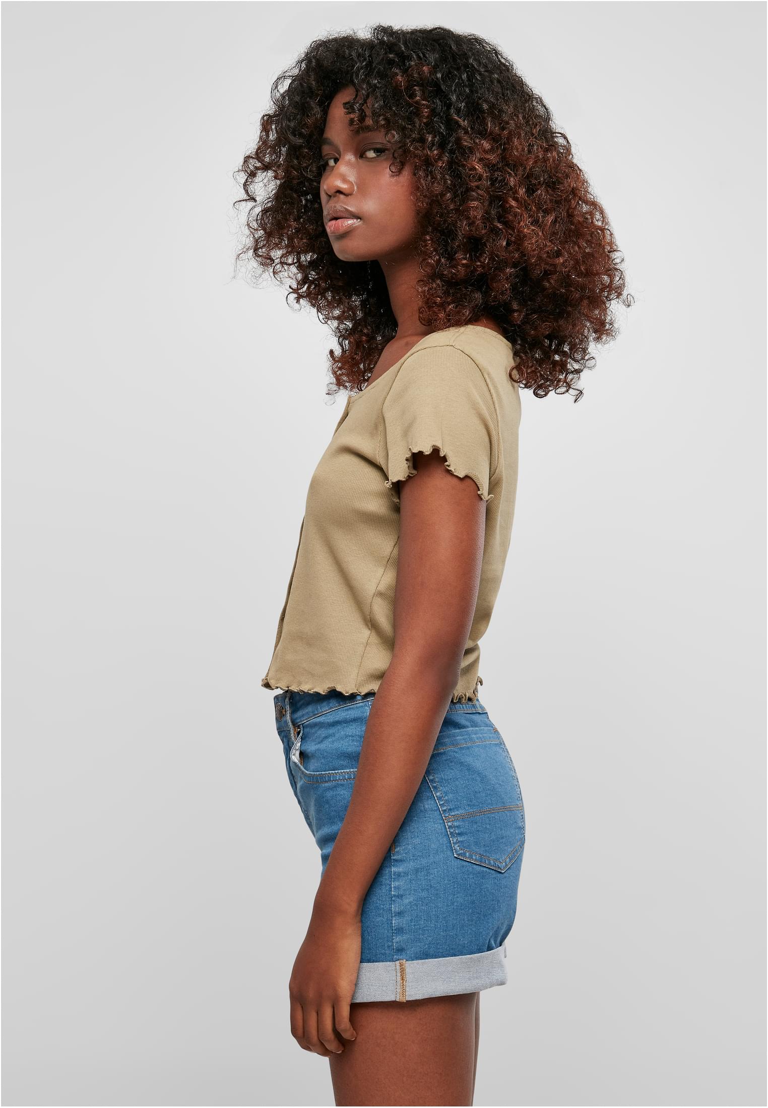 Ladies Cropped Button Up Rib Tee | khaki