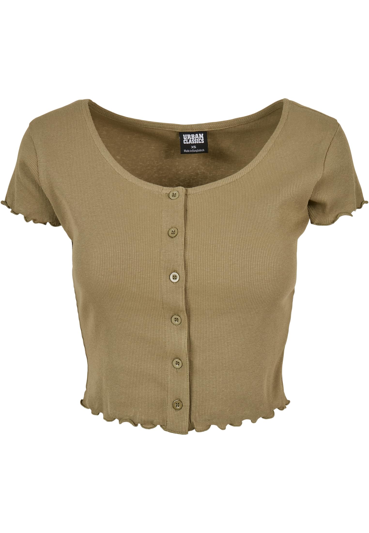 Ladies Cropped Button Up Rib Tee | khaki