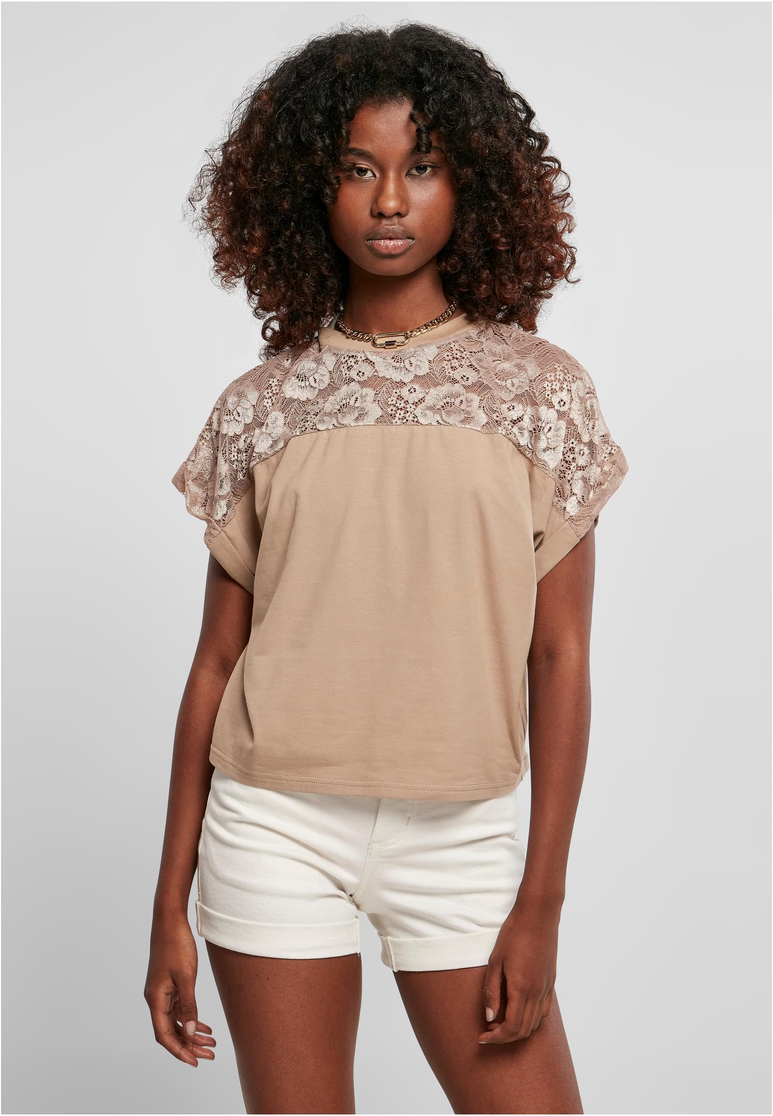 Ladies Short Oversized Lace Tee | softtaupe