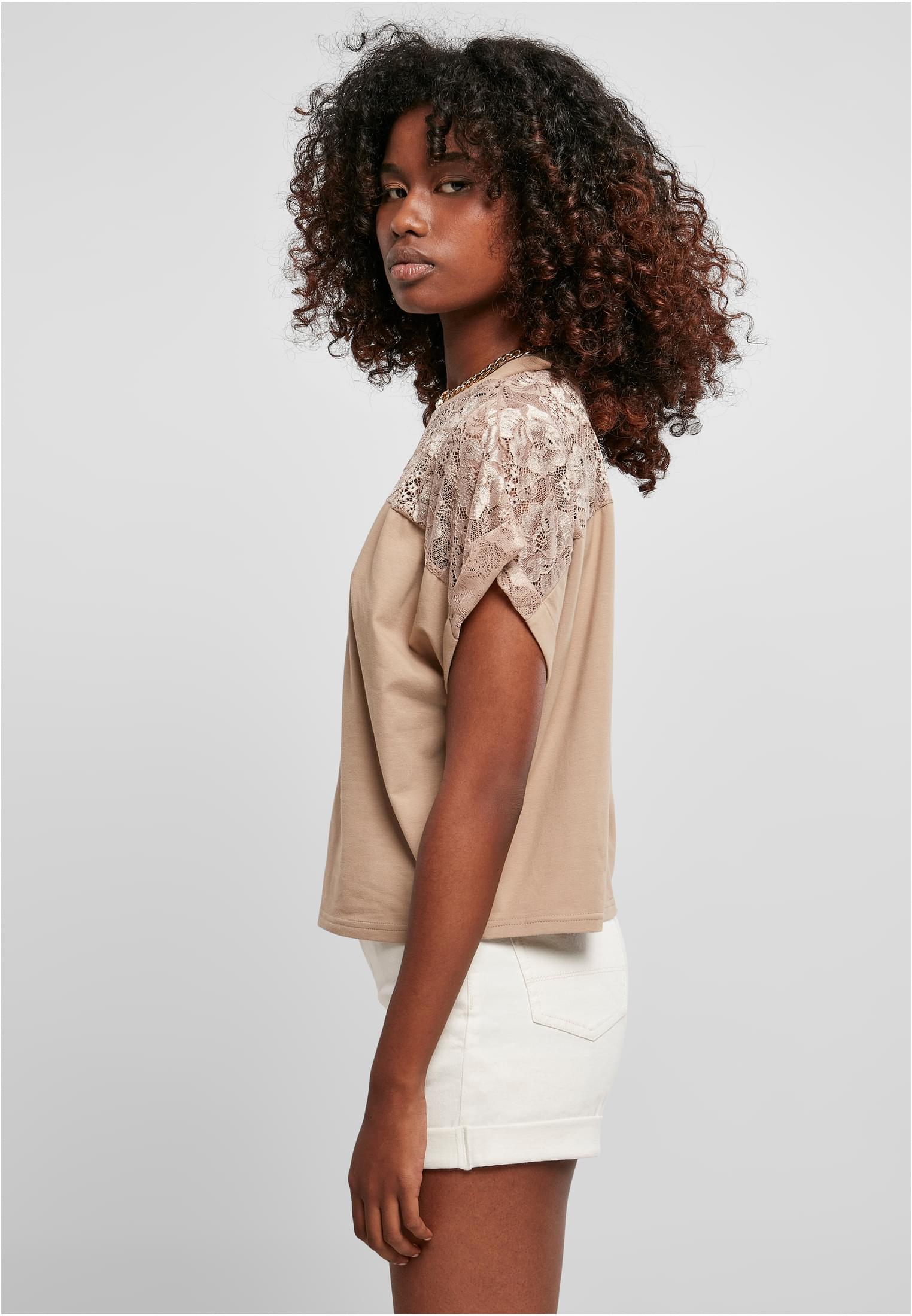 Ladies Short Oversized Lace Tee | softtaupe