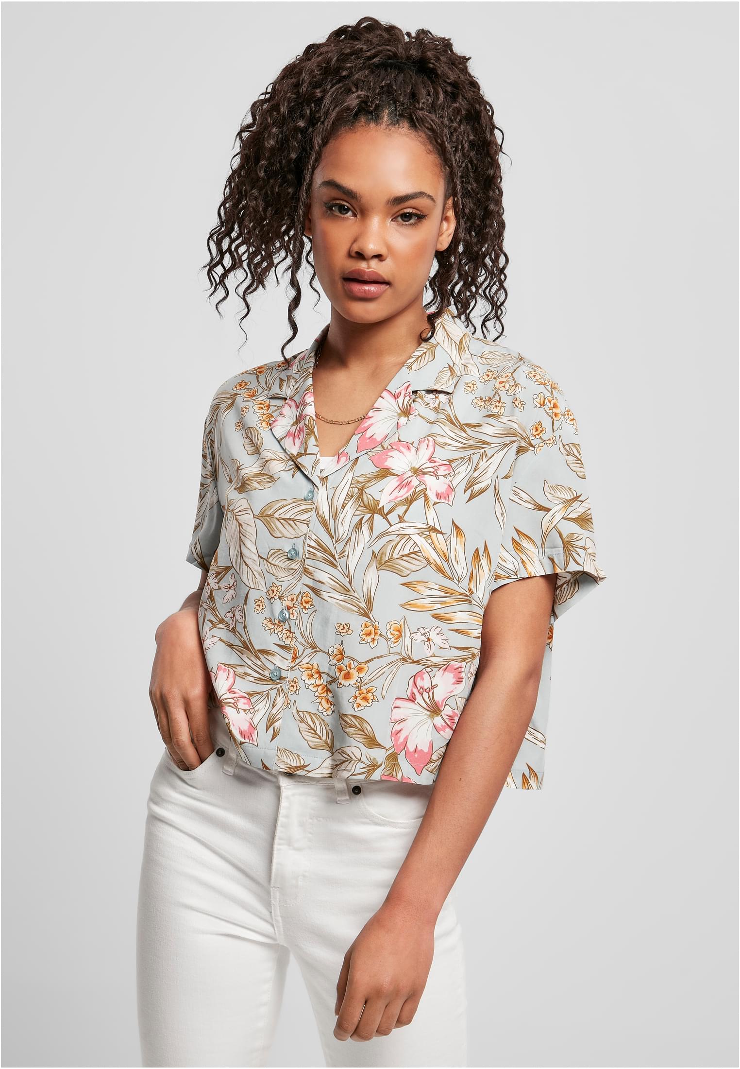 Ladies Viscose Resort Shirt | lightblue hibiscus