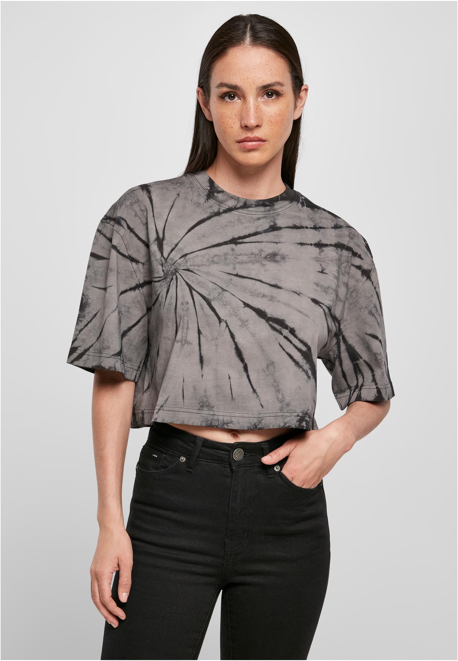 Ladies Oversized Cropped Tie Dye Tee | black/asphalt