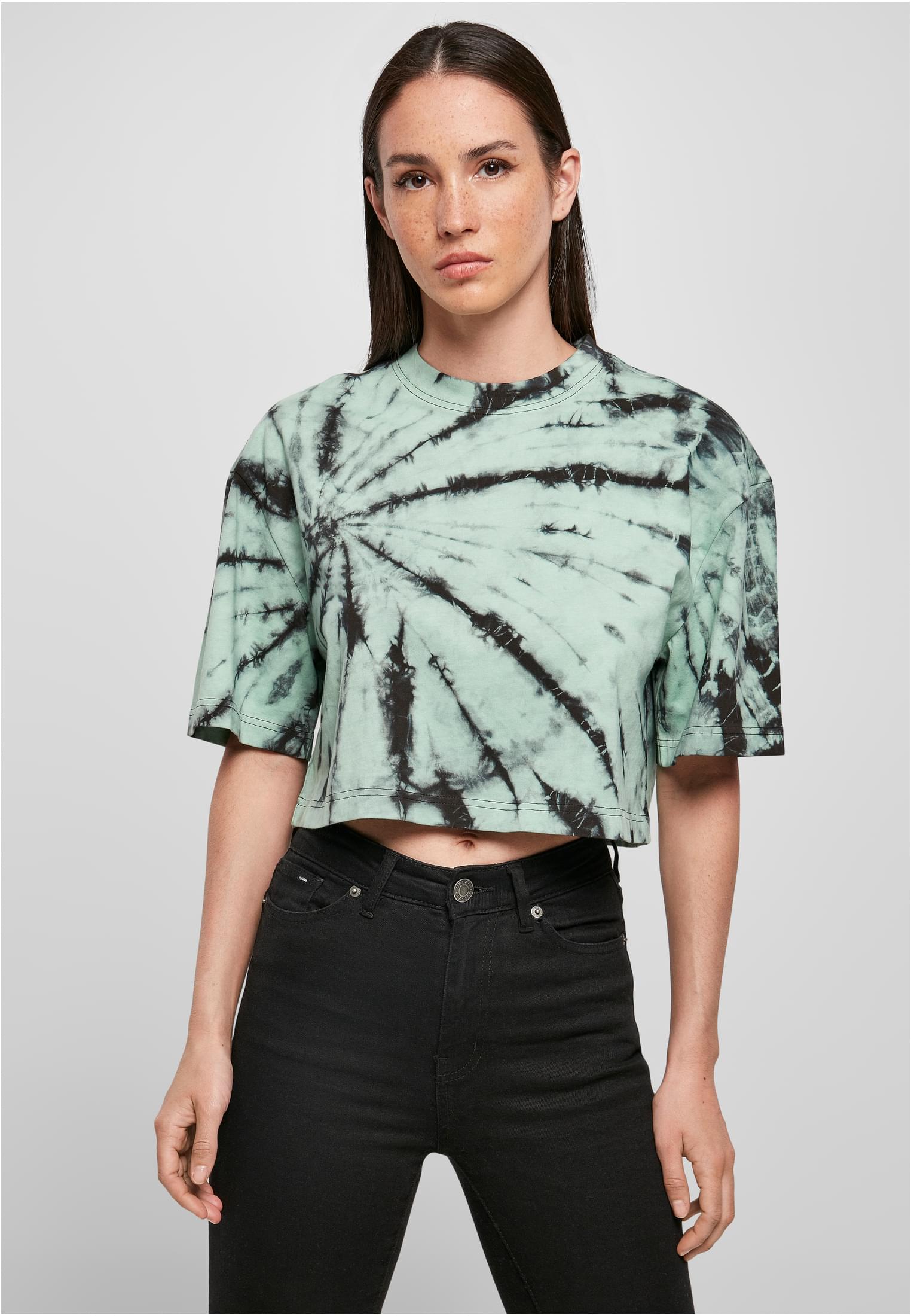 Ladies Oversized Cropped Tie Dye Tee | black/ghostgreen