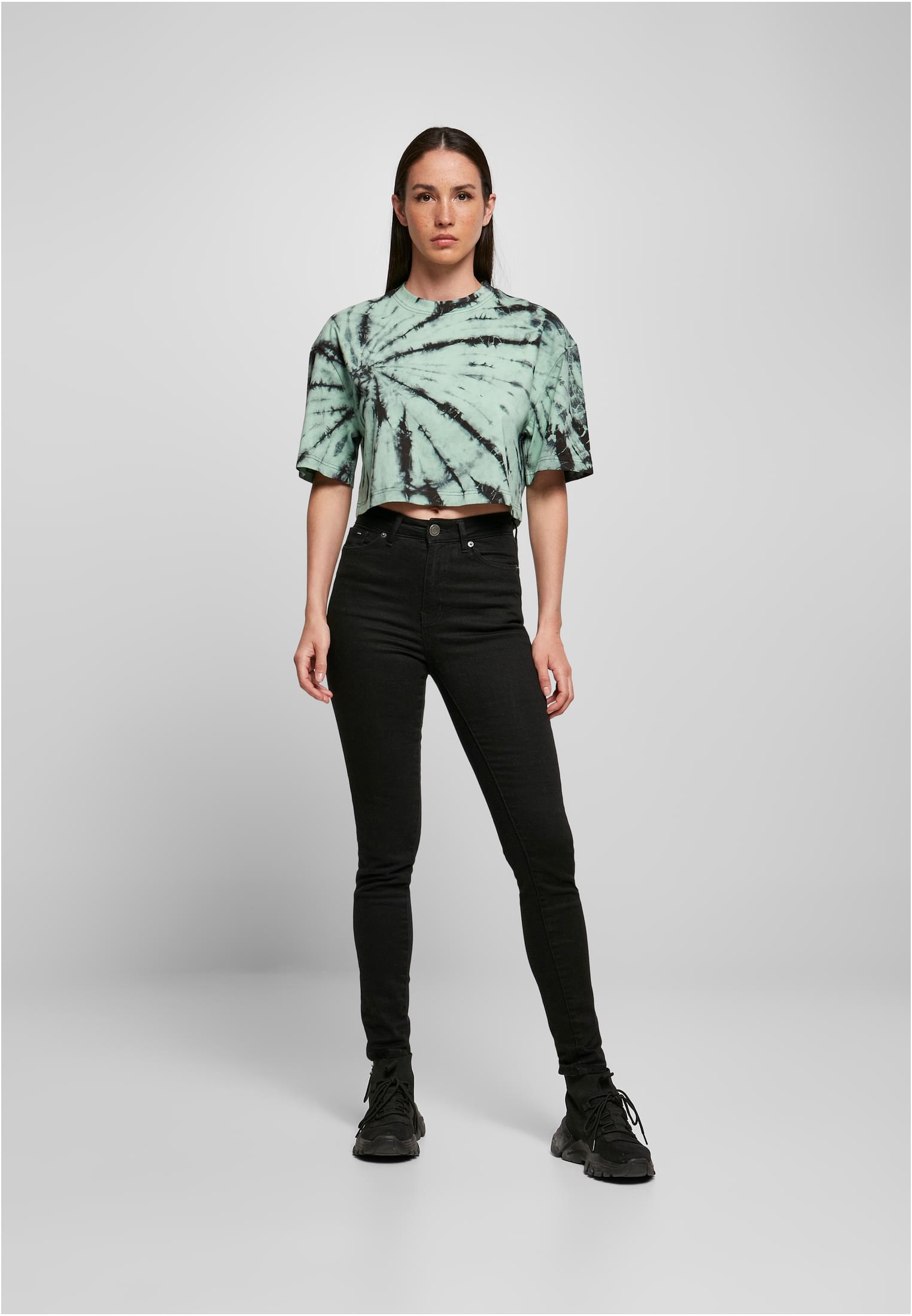 Ladies Oversized Cropped Tie Dye Tee | black/ghostgreen