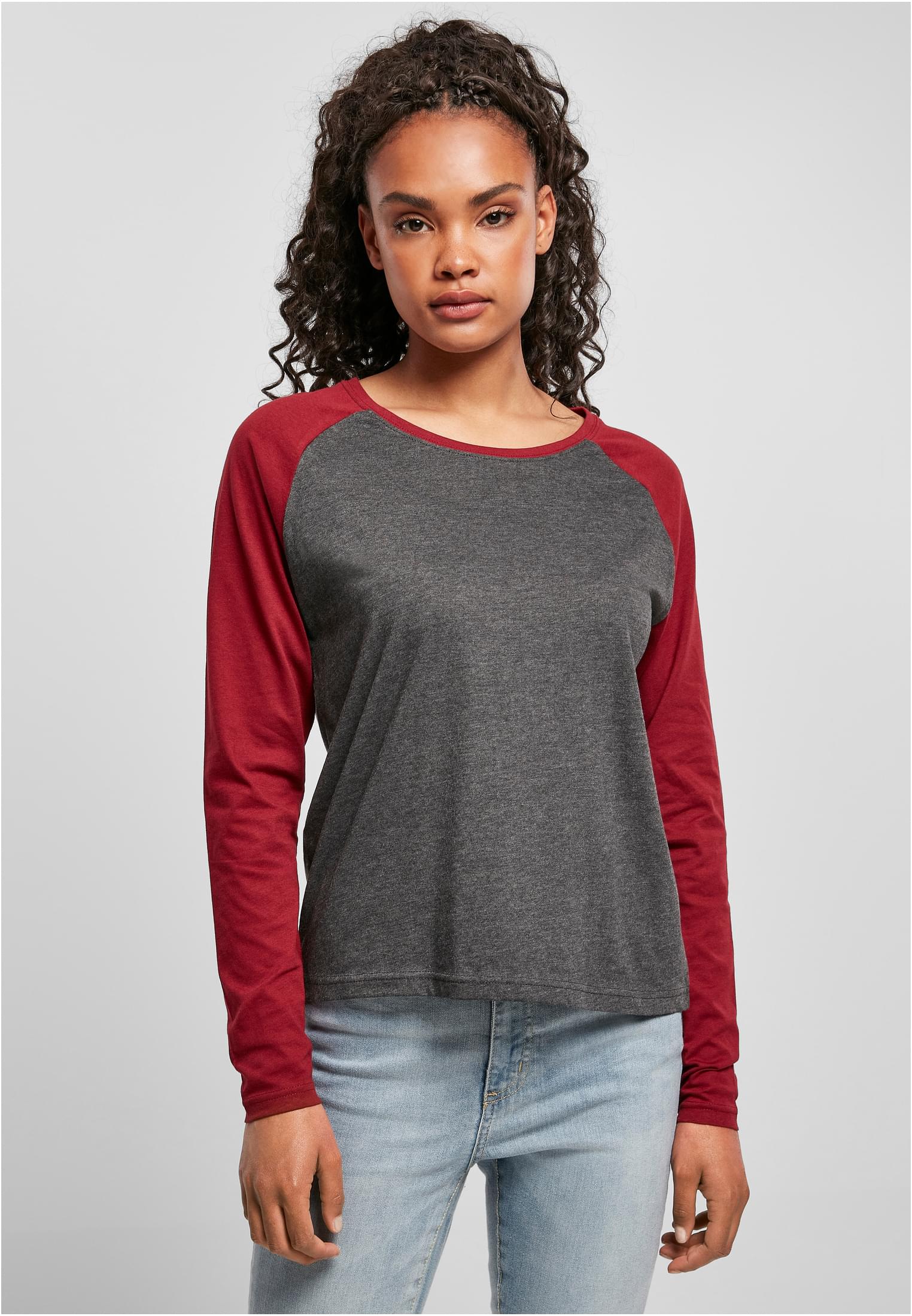 Ladies Contrast Raglan Longsleeve | charcoal/burgundy