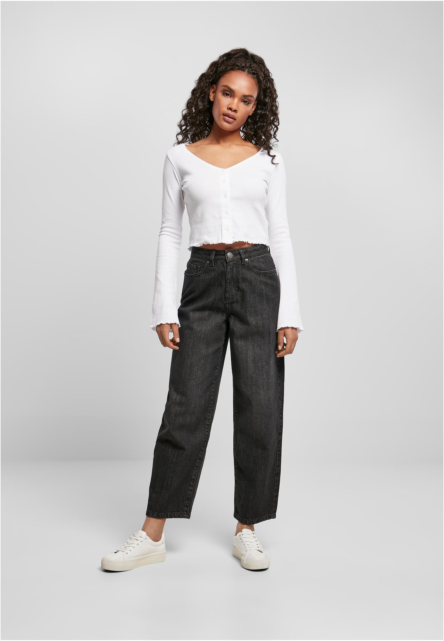 Ladies High Waist Wide Leg Cropped Denim Pants | black washed