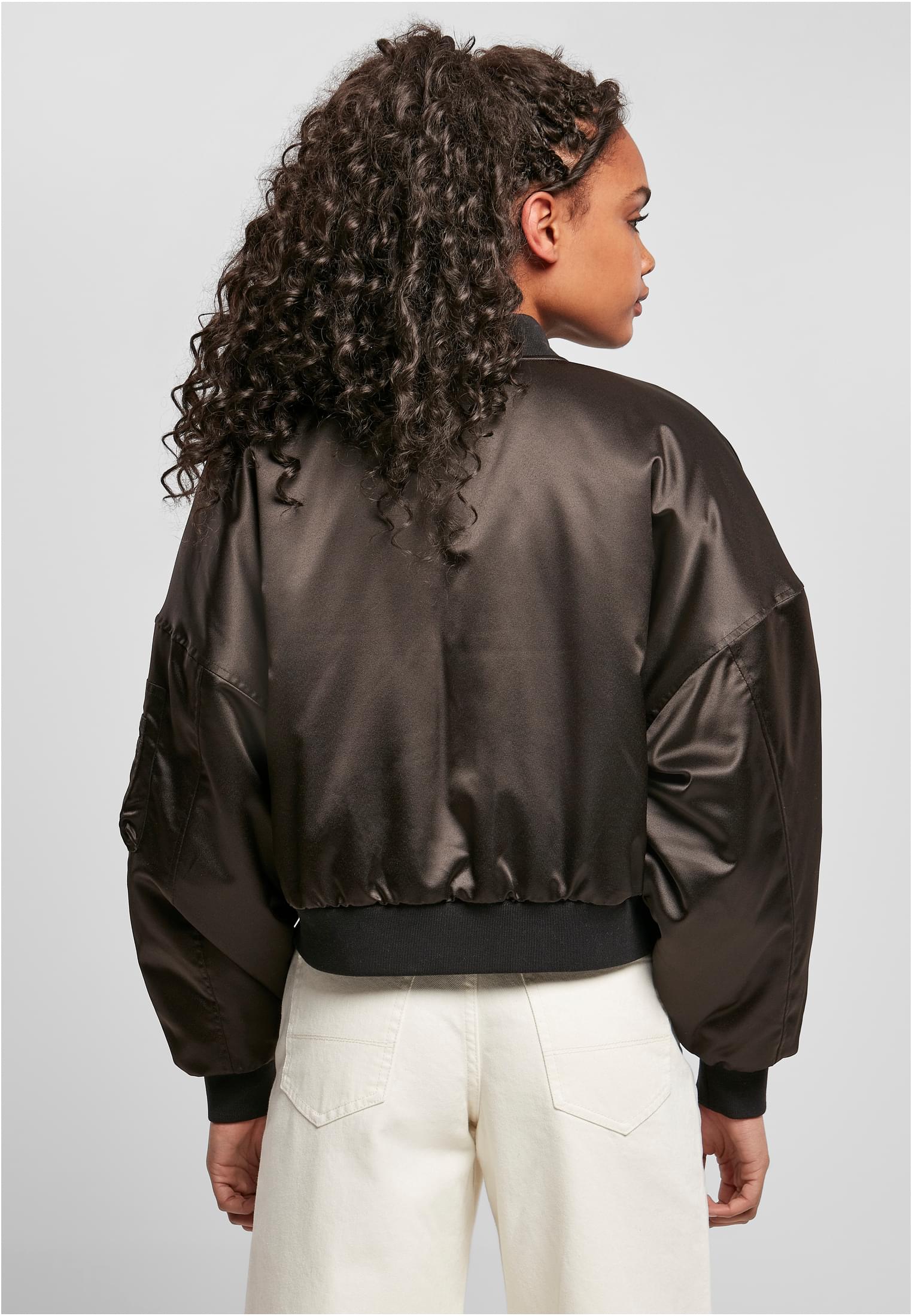 Ladies Short Oversized Satin Bomber Jacket | black