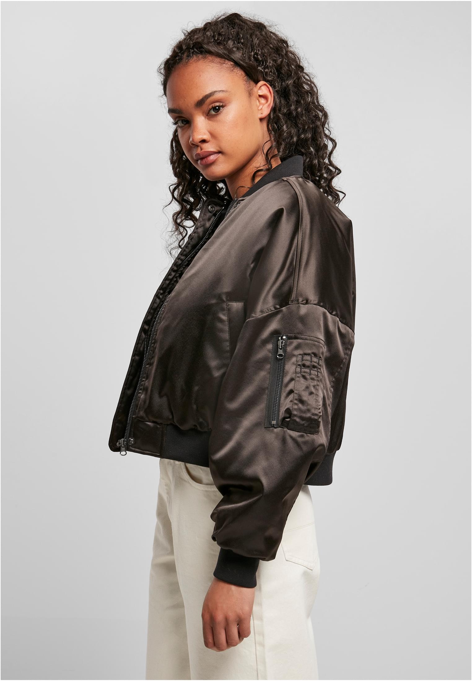 Ladies Short Oversized Satin Bomber Jacket | black