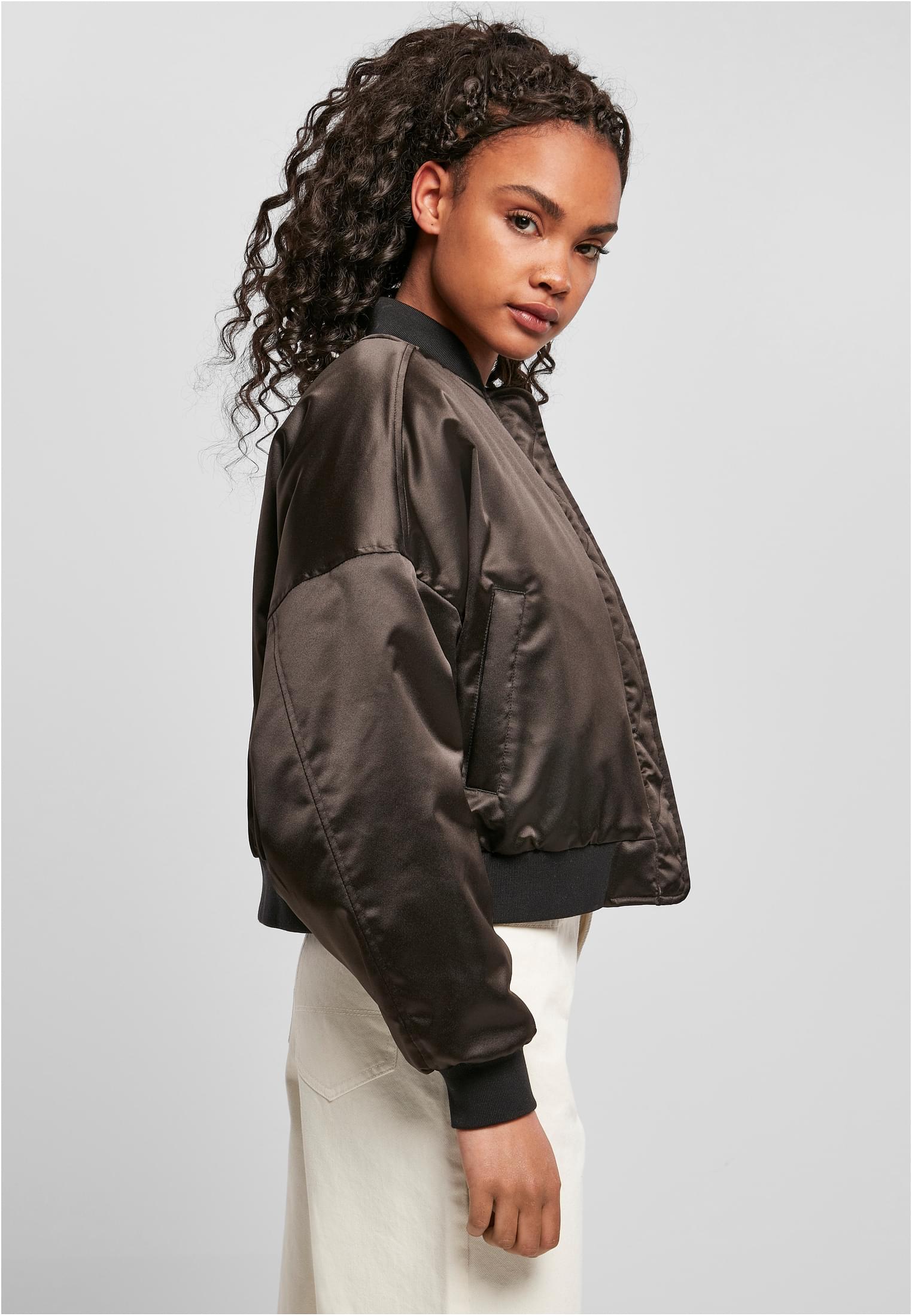 Ladies Short Oversized Satin Bomber Jacket | black