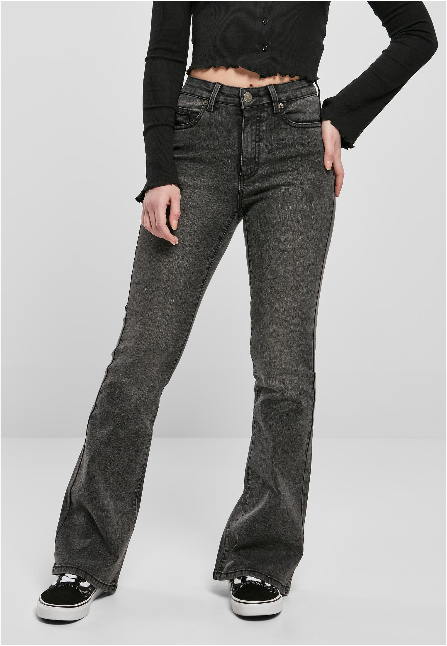 Ladies High Waist Flared Denim Pants | black heavy acid washed