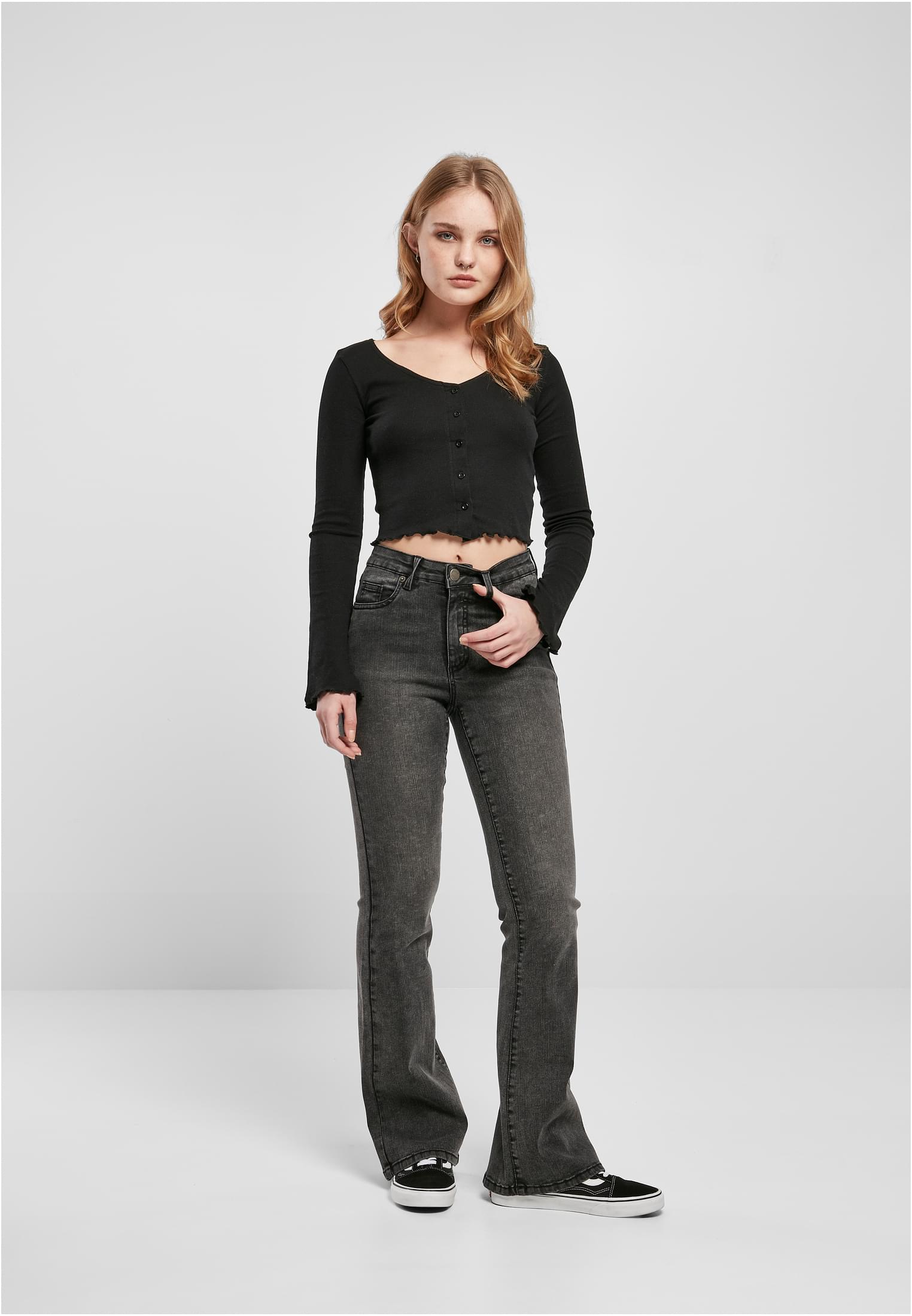 Ladies High Waist Flared Denim Pants | black heavy acid washed