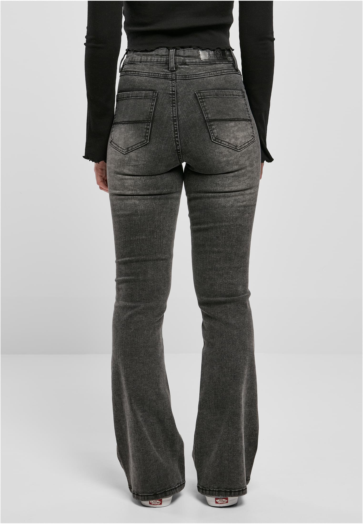 Ladies High Waist Flared Denim Pants | black heavy acid washed