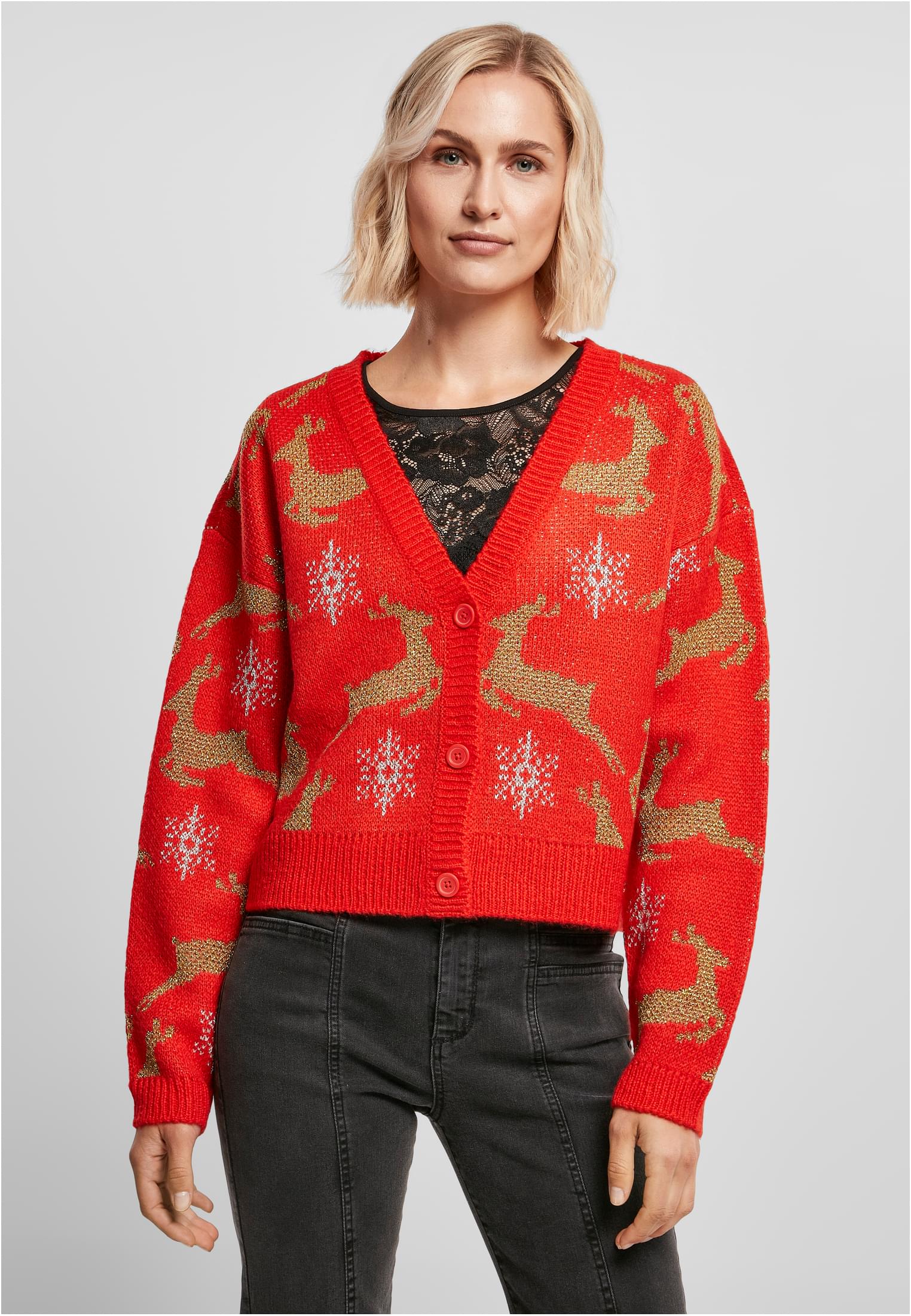 Ladies Short Oversized Christmas Cardigan | red/gold