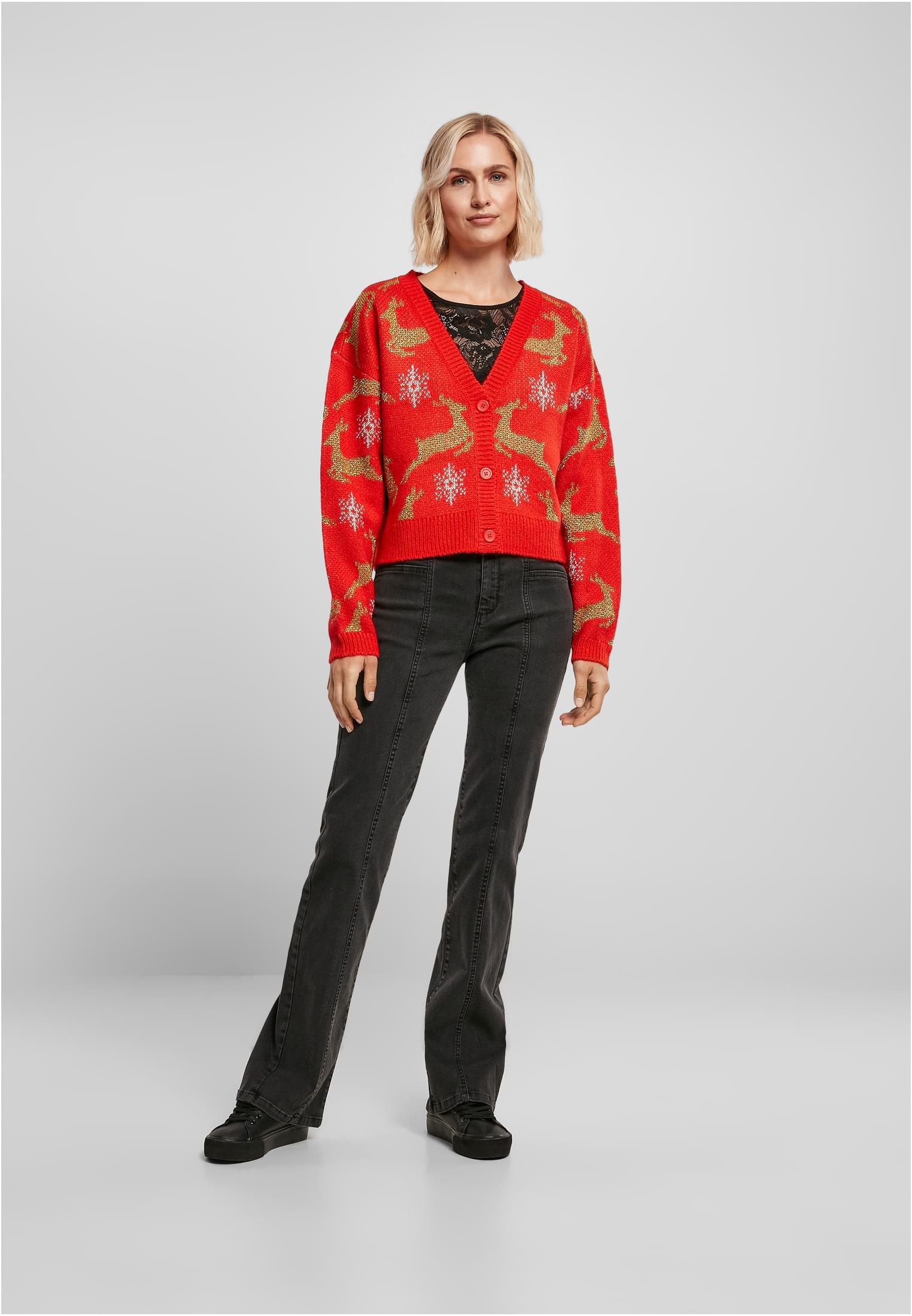 Ladies Short Oversized Christmas Cardigan | red/gold