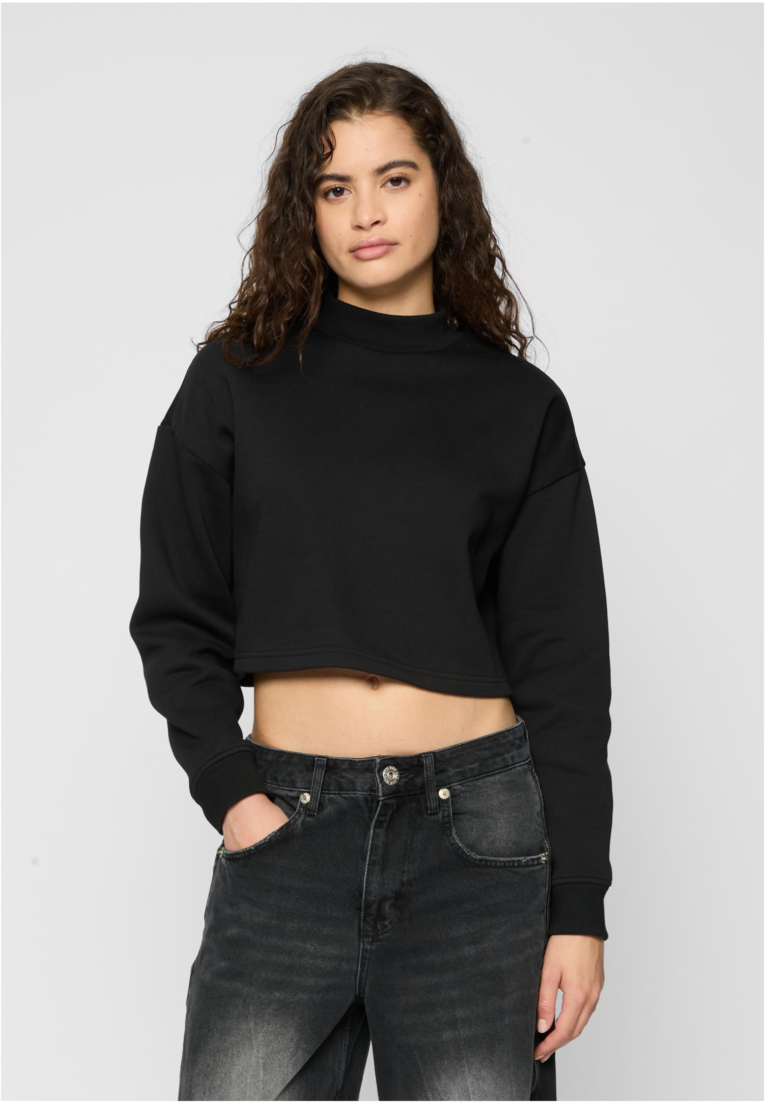 Ladies Cropped Oversized Sweat High Neck Crew | black