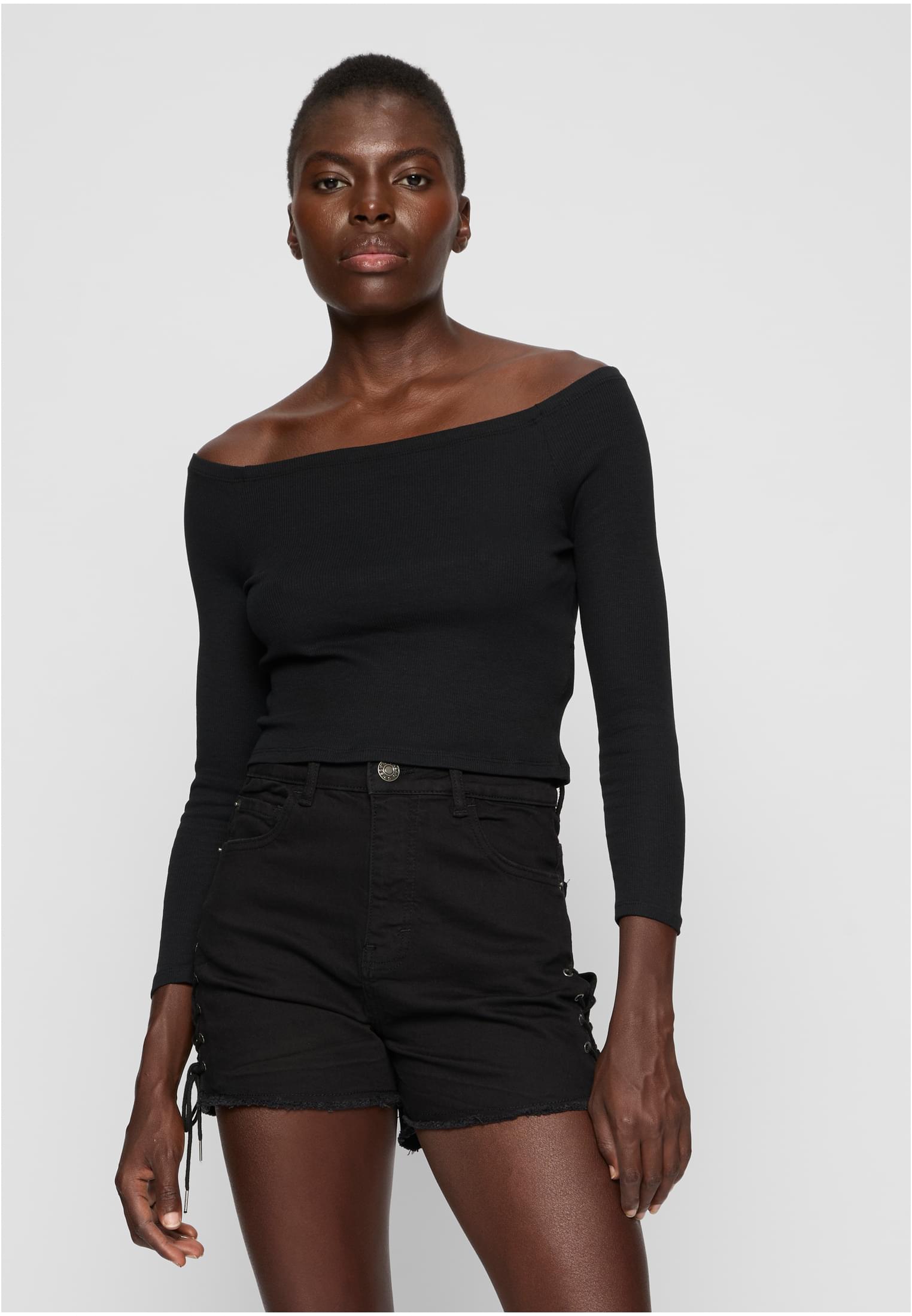 Ladies Off Shoulder Rib Longsleeve | black