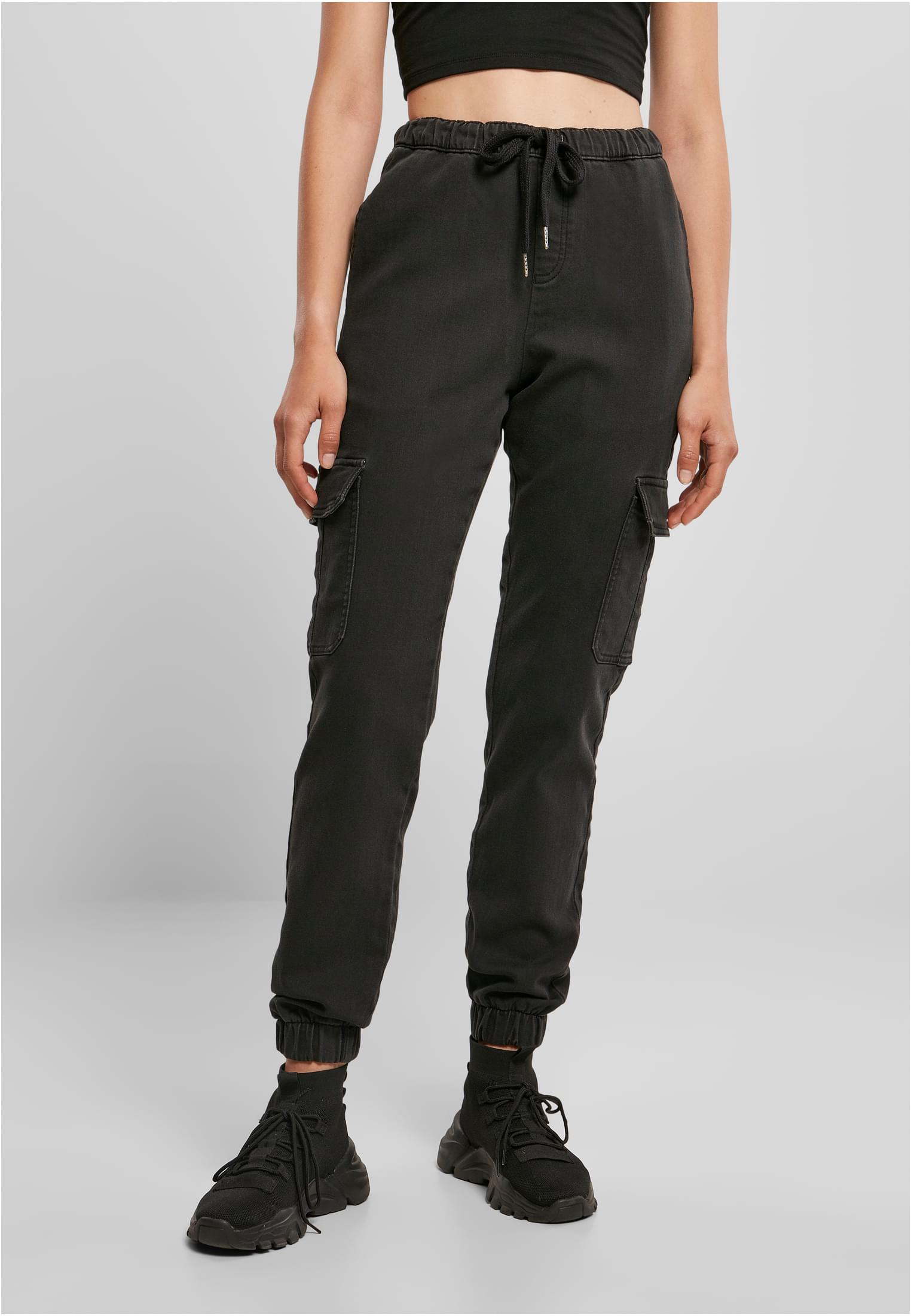 Ladies Knitted Denim High Waist Cargo Pants | black