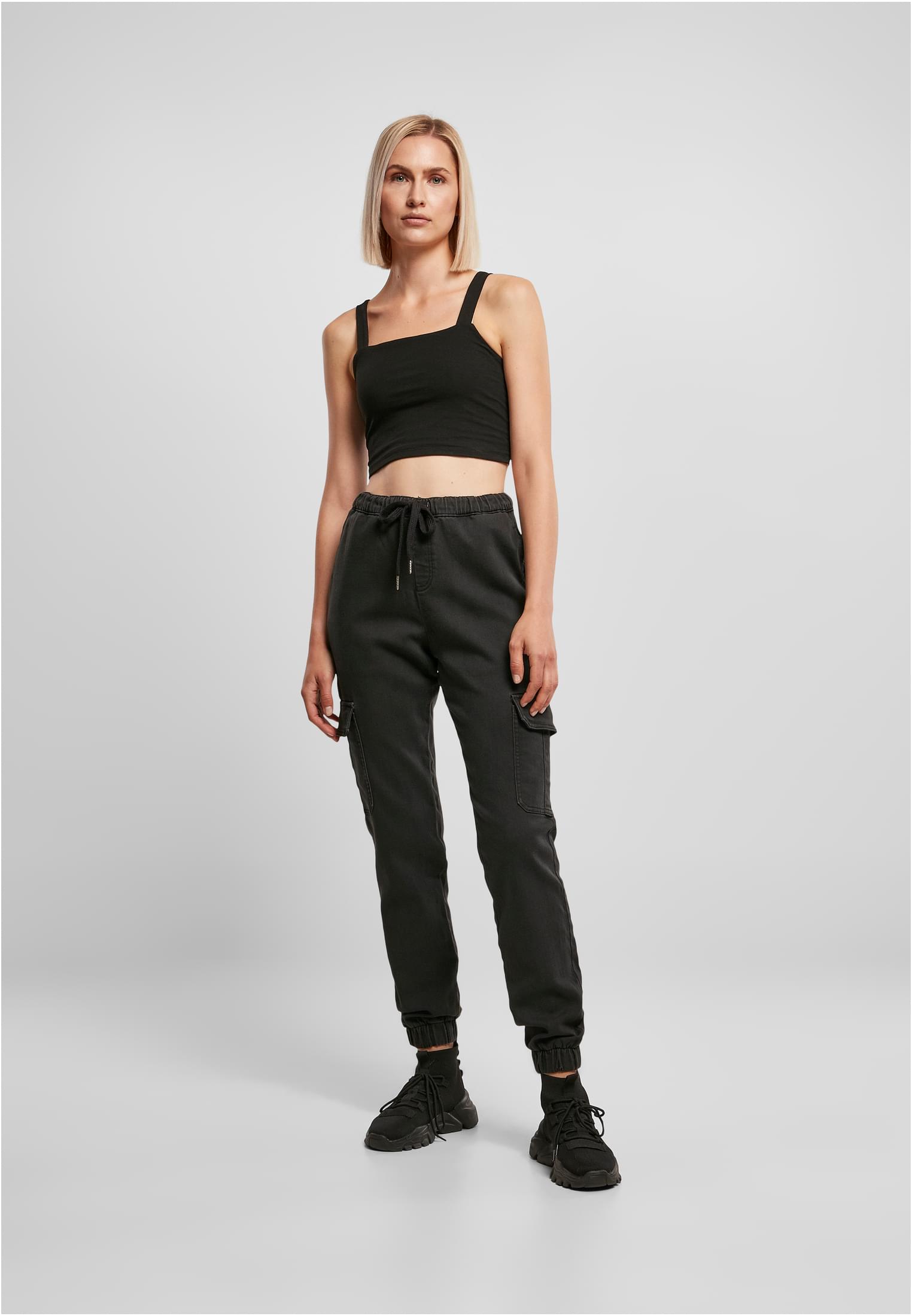 Ladies Knitted Denim High Waist Cargo Pants | black